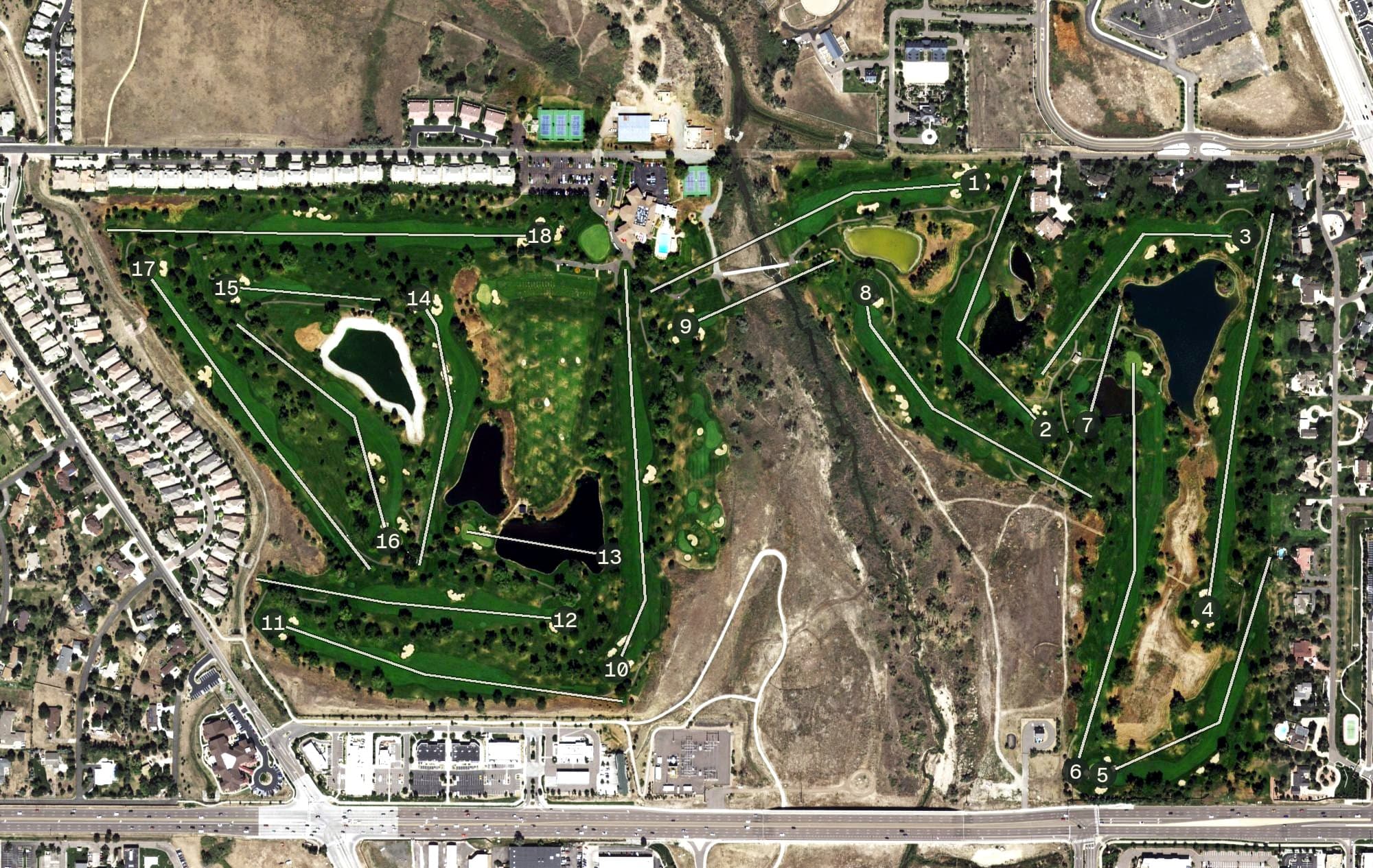 Aerial view of Valley Country Club, CO, with its hole routing marked