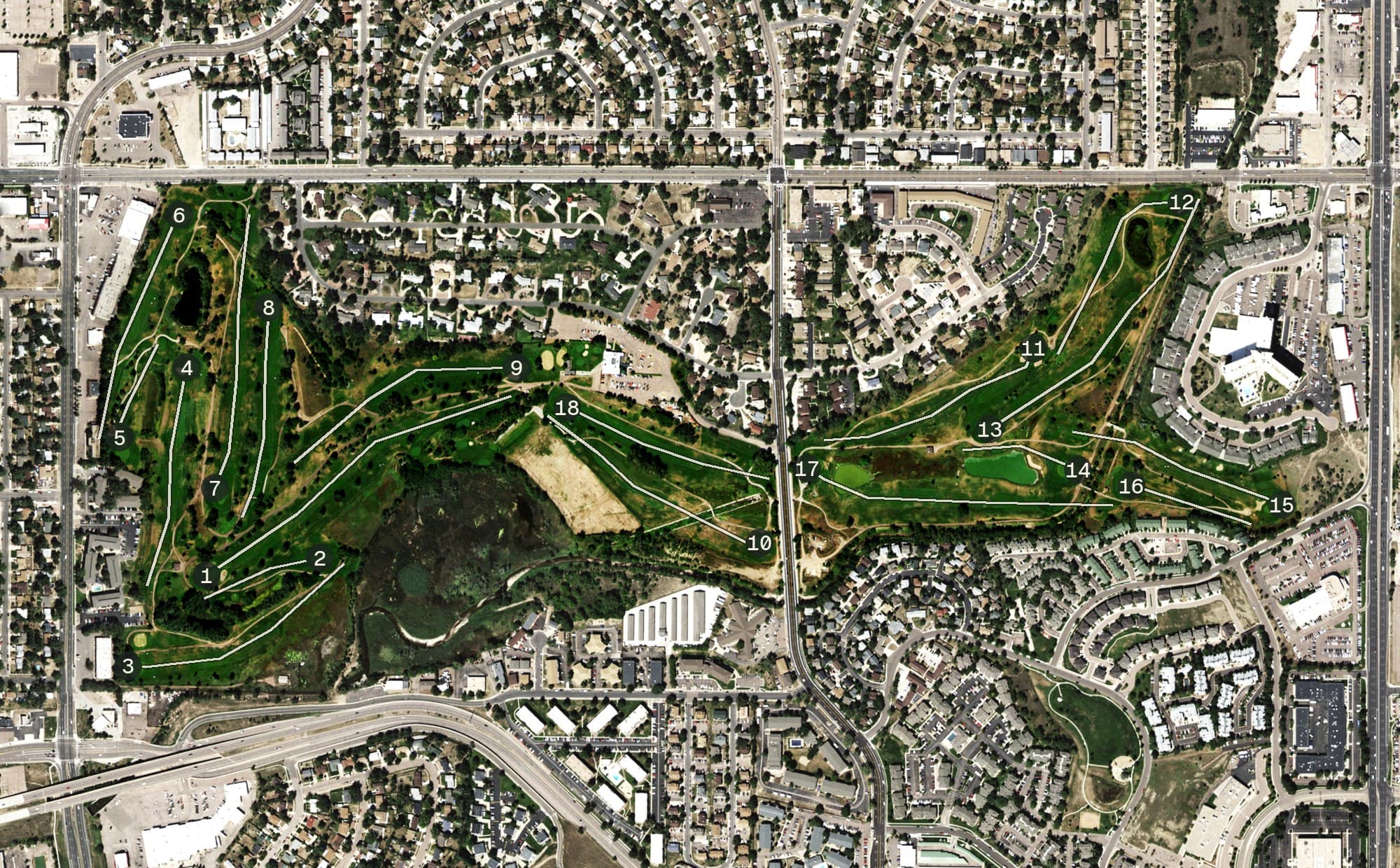 Aerial view of Valley Hi Golf Course, CO, with its hole routing marked