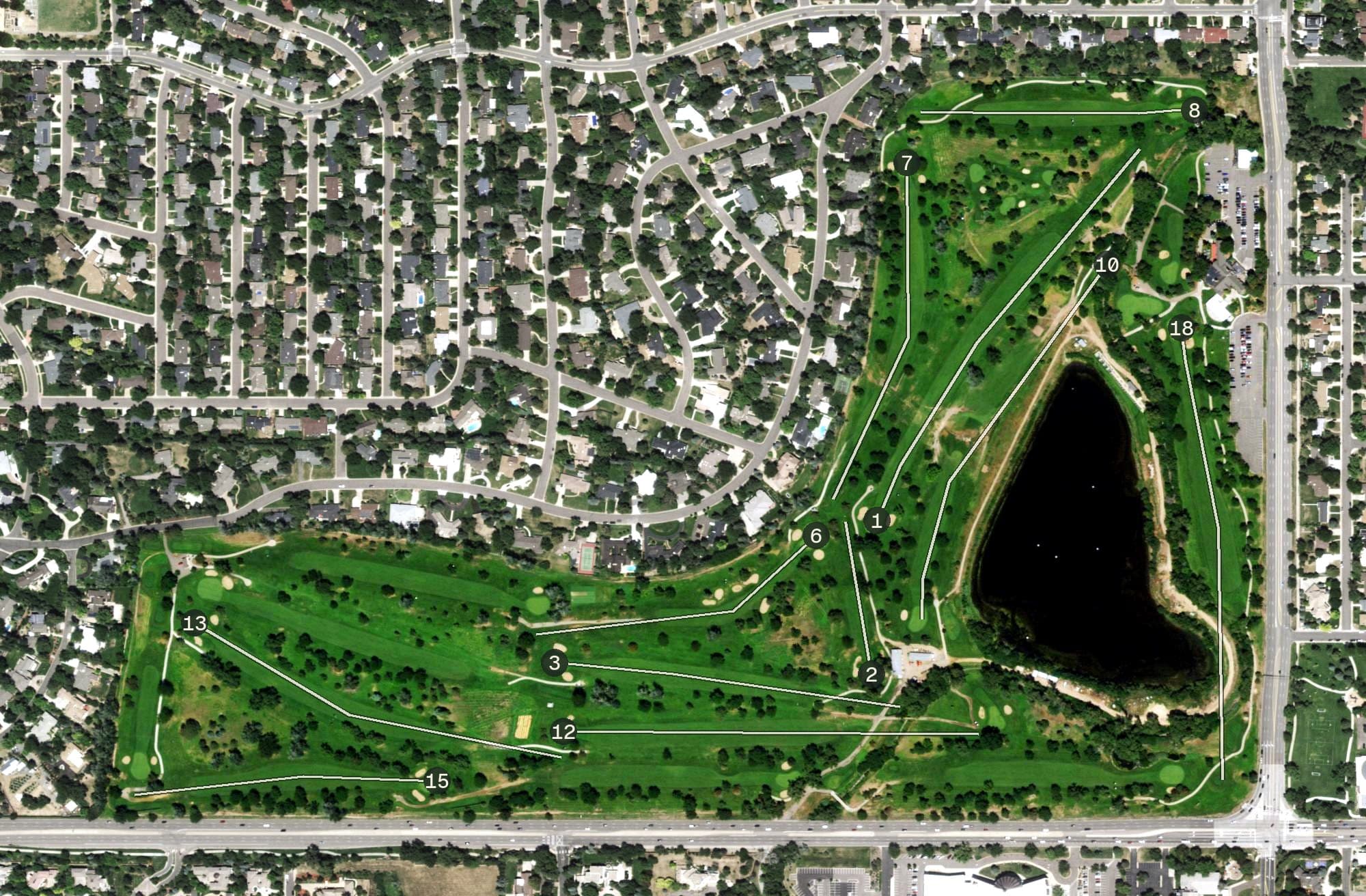 Aerial view of Wellshire Golf Course, CO, with its hole routing marked