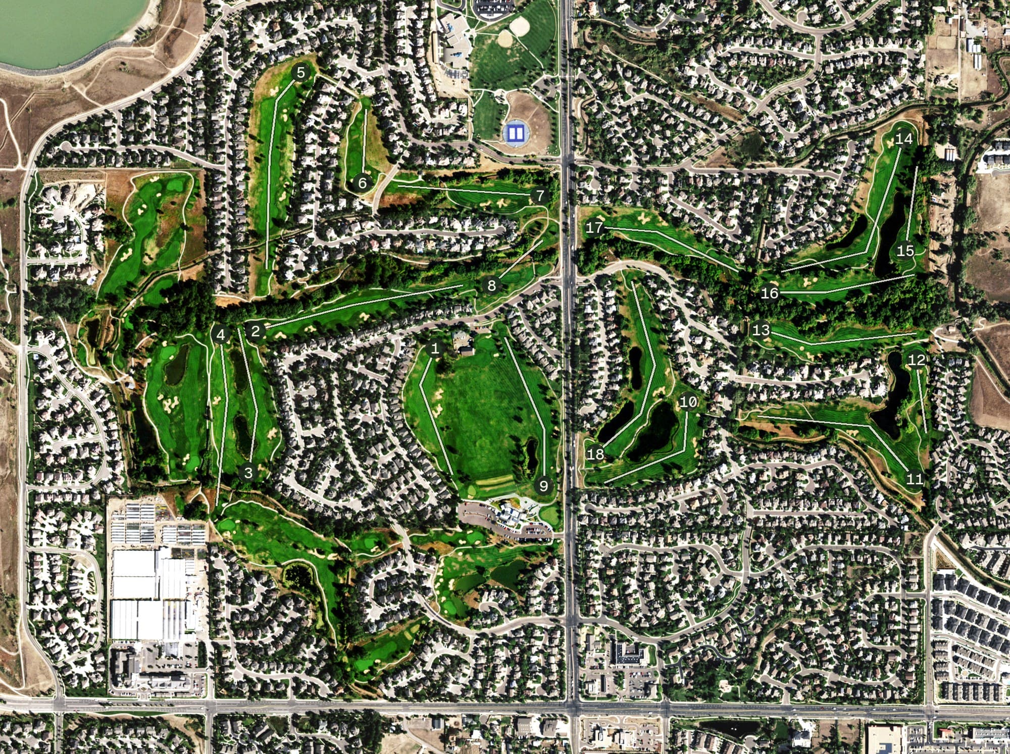 Aerial view of West Woods Ranch Golf Club, CO, with its hole routing marked