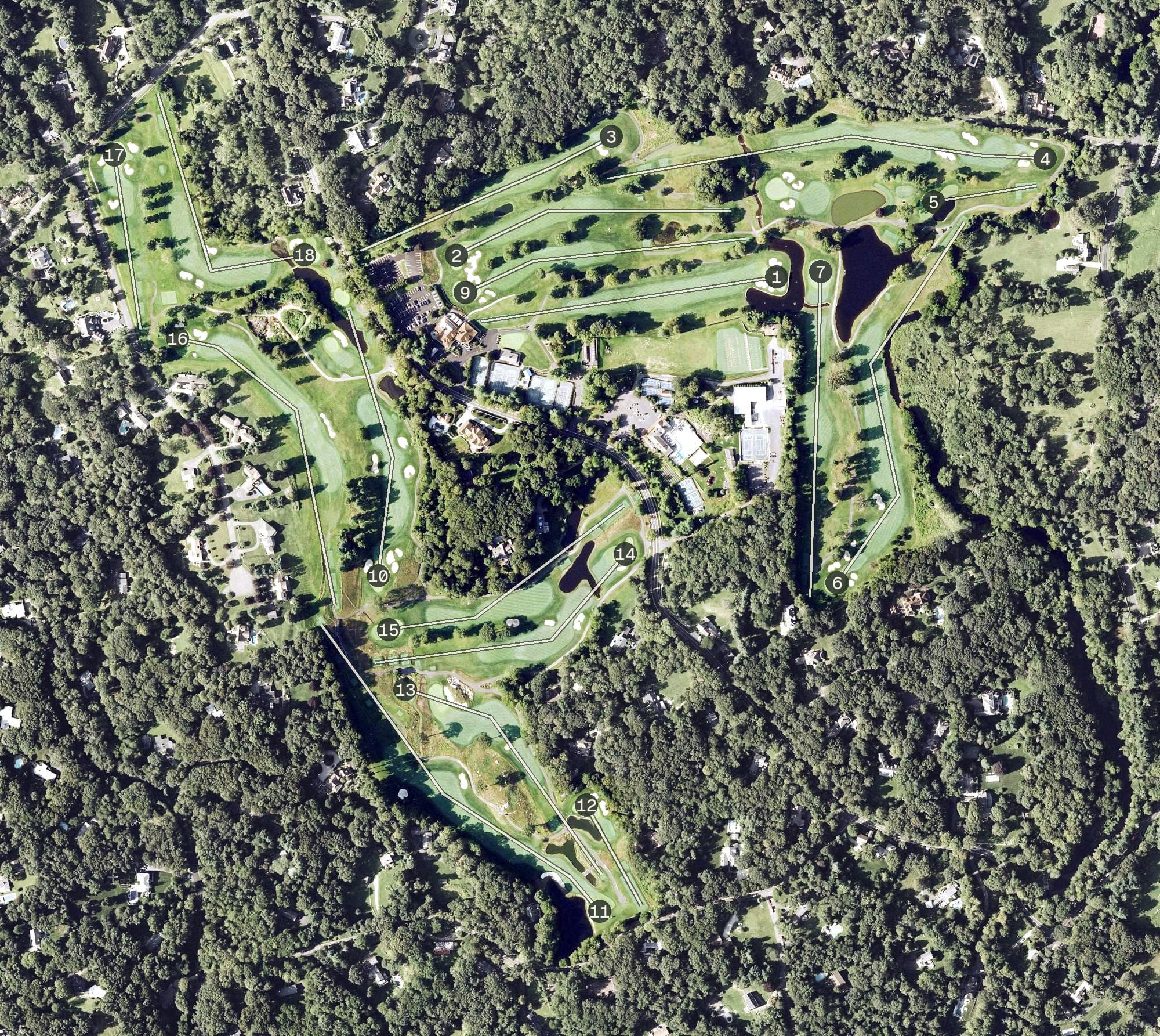 Aerial view of Aspetuck Valley Country Club, CT, with its hole routing marked