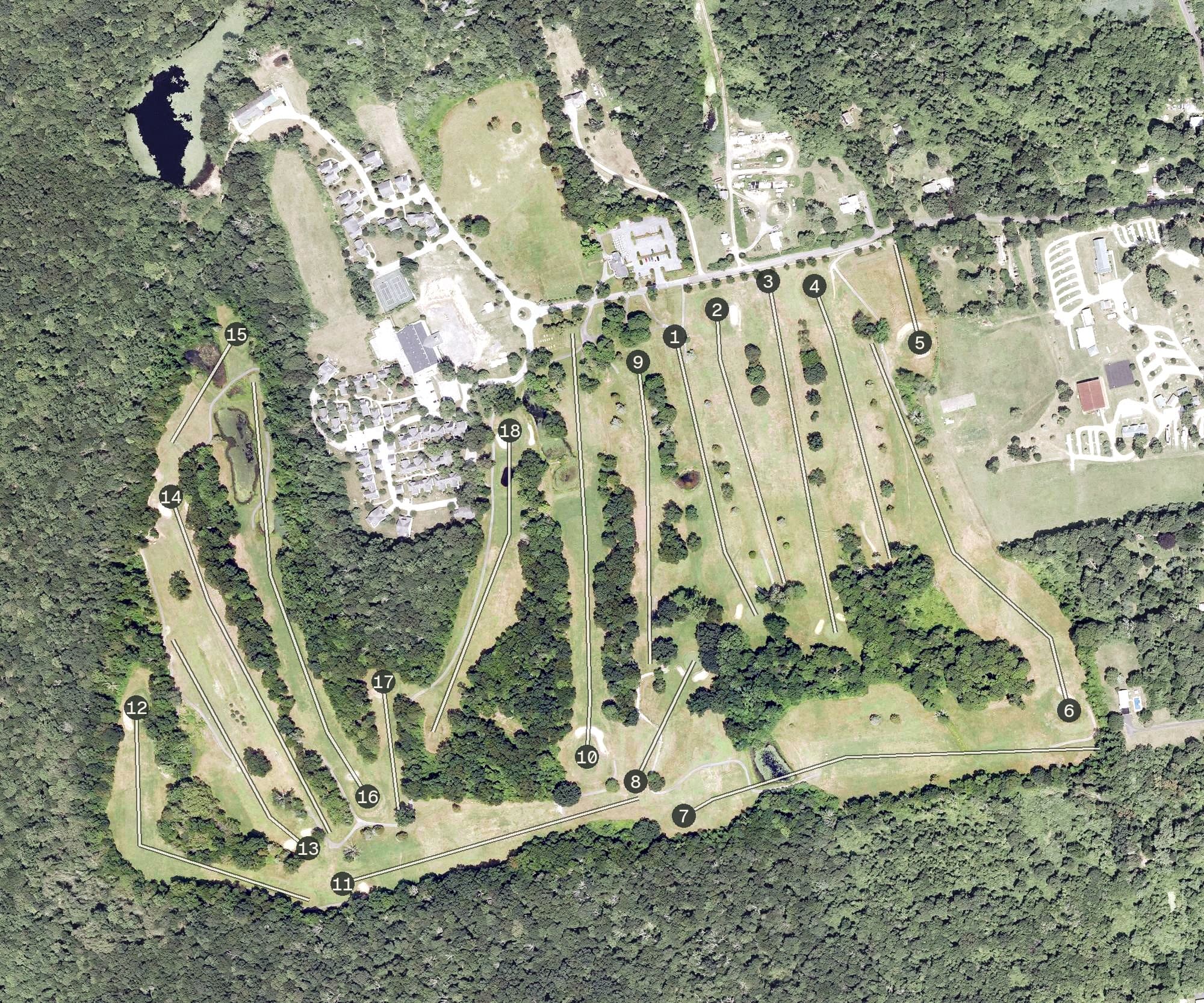 Aerial view of Banner Country Club, CT, with its hole routing marked
