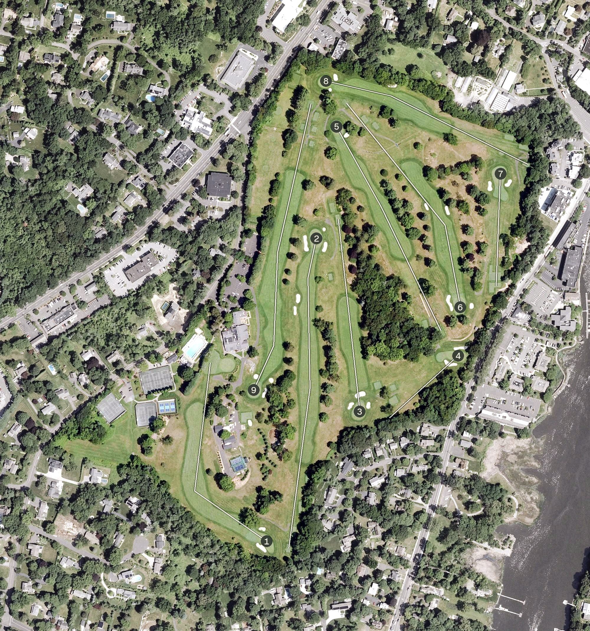 Aerial view of Birchwood Country Club, CT, with its hole routing marked