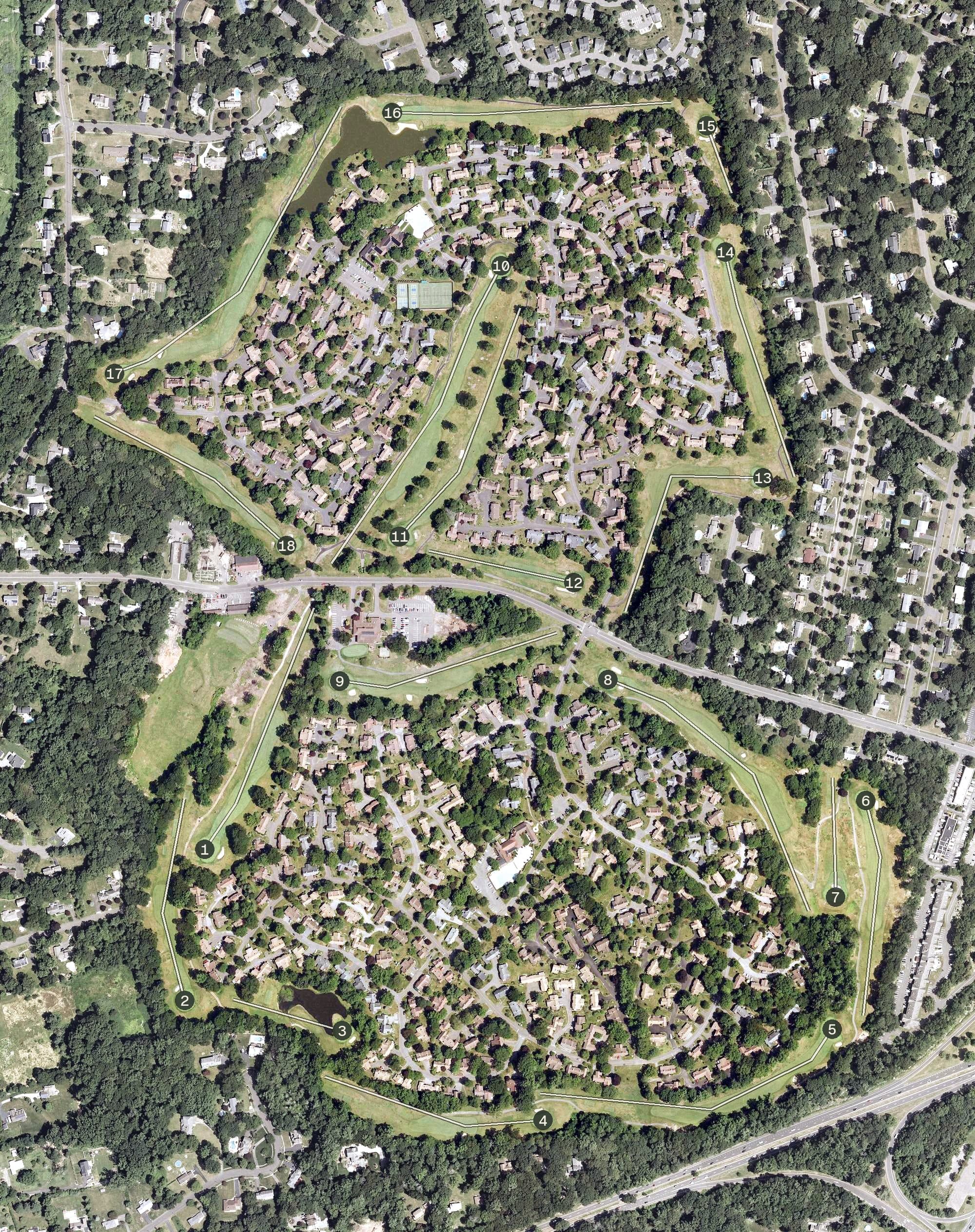 Aerial view of Blackhawk Country Club, CT, with its hole routing marked