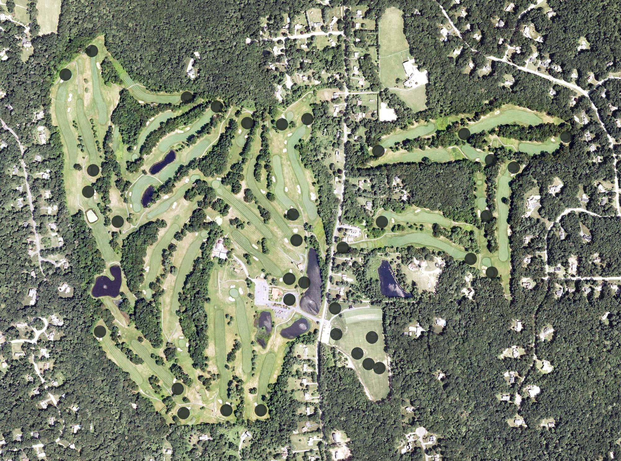 Aerial view of Blackledge Country Club, CT, with its hole routing marked
