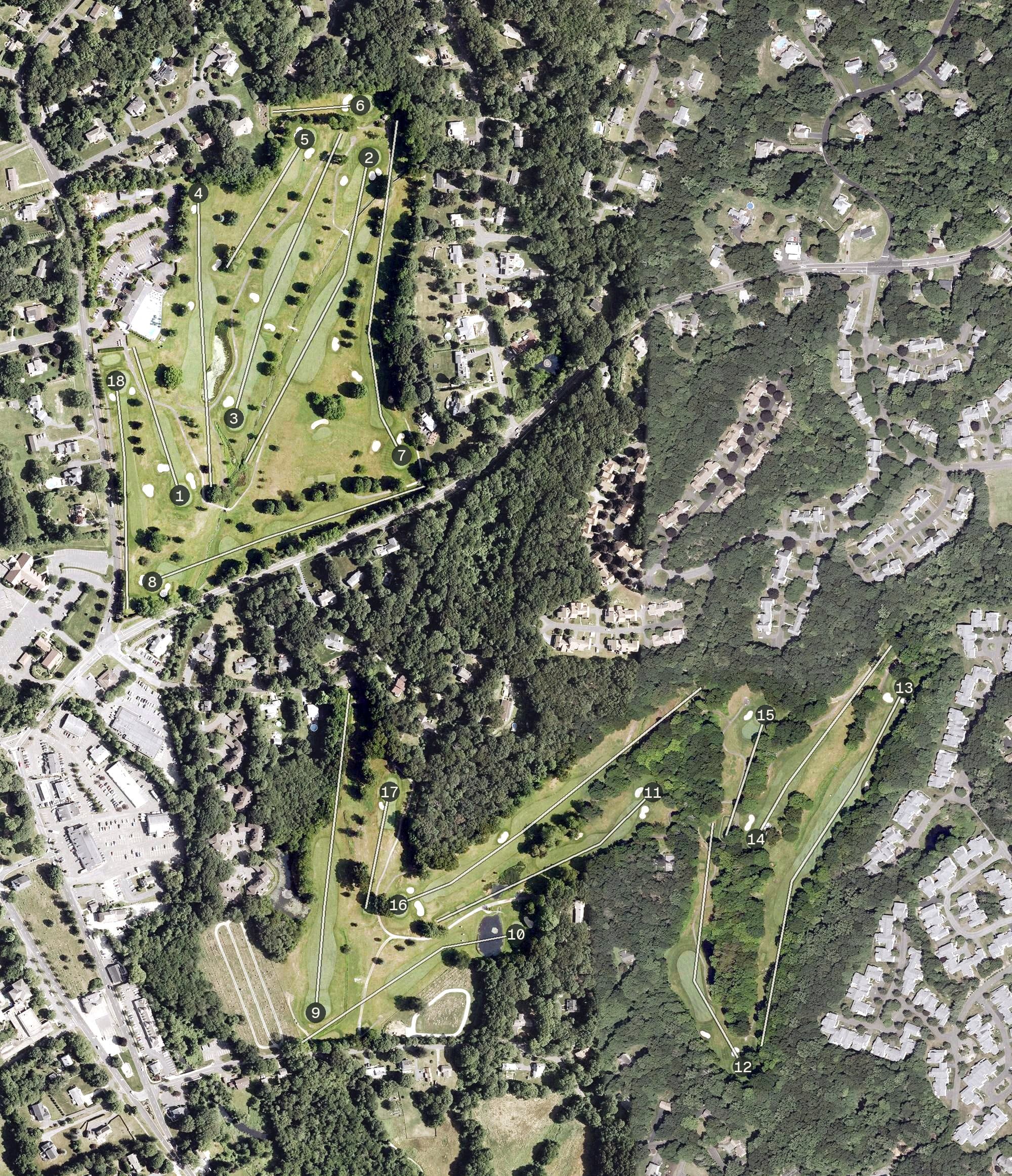 Aerial view of Brownson Country Club, CT, with its hole routing marked