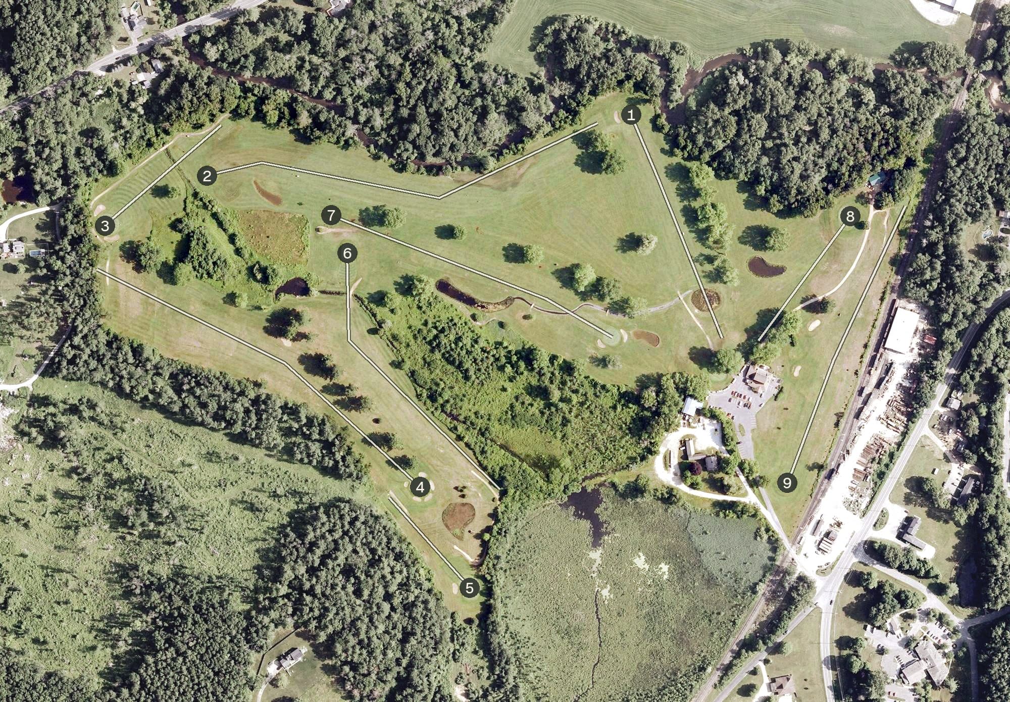 Aerial view of Canaan Country Club, CT, with its hole routing marked