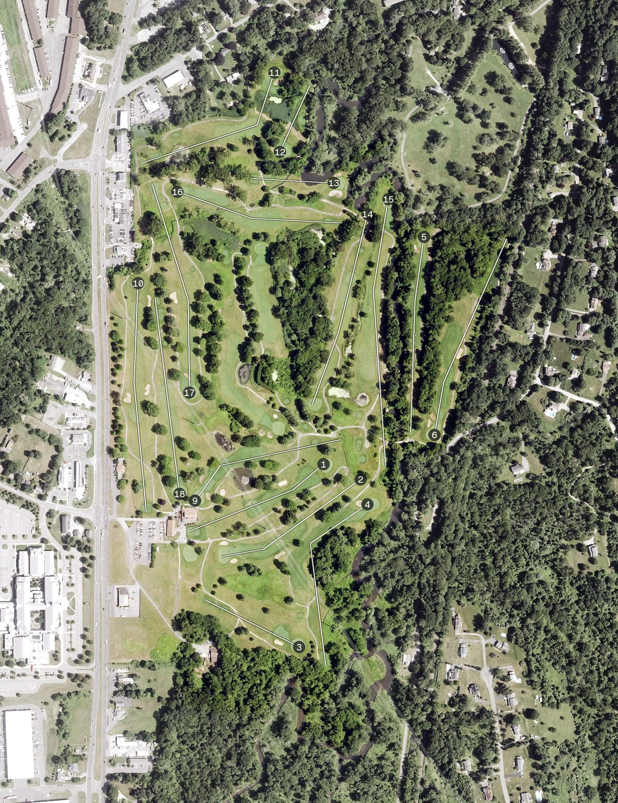 Aerial view of Candlewood Valley Country Club, CT, with its hole routing marked