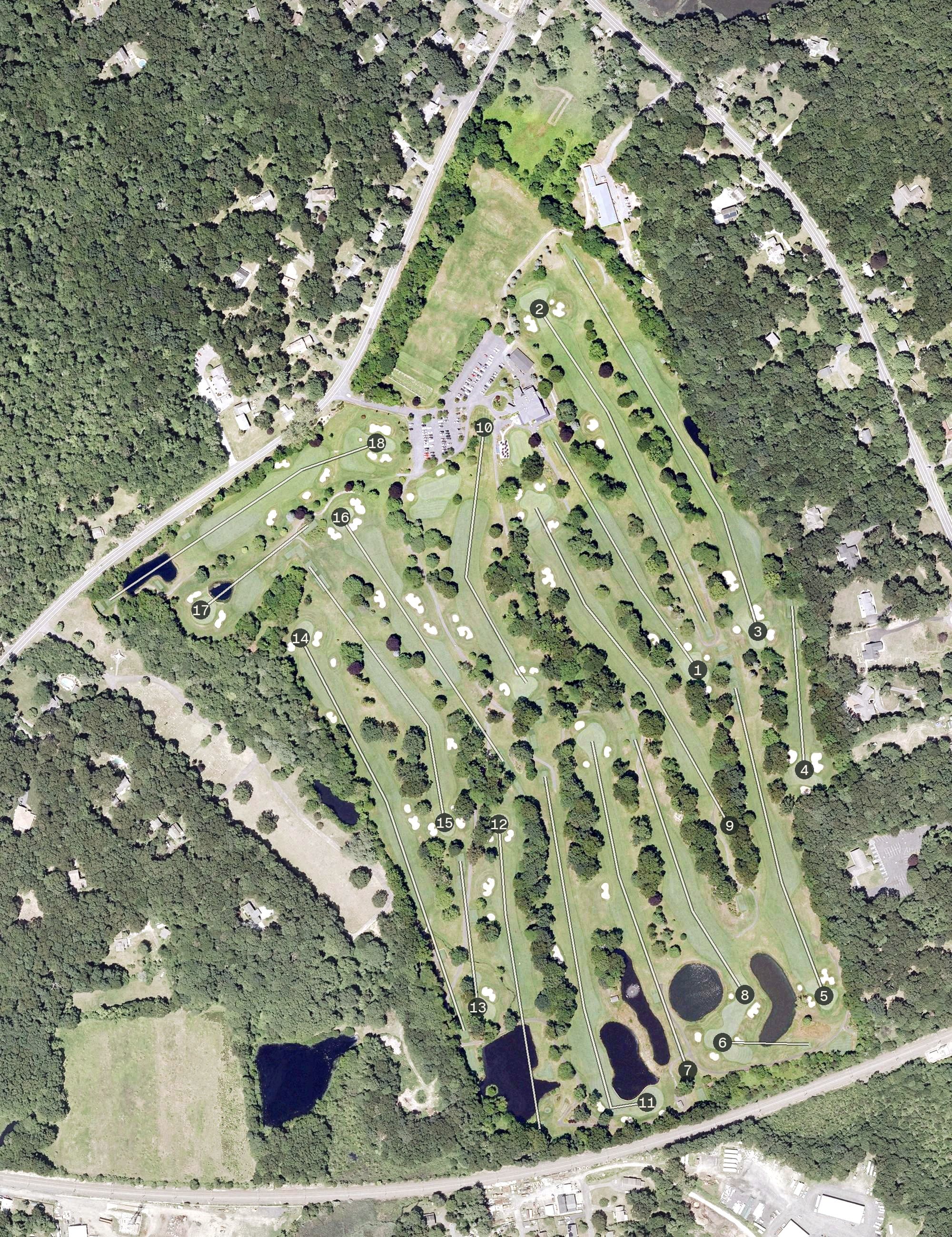 Aerial view of Clinton Country Club, CT, with its hole routing marked