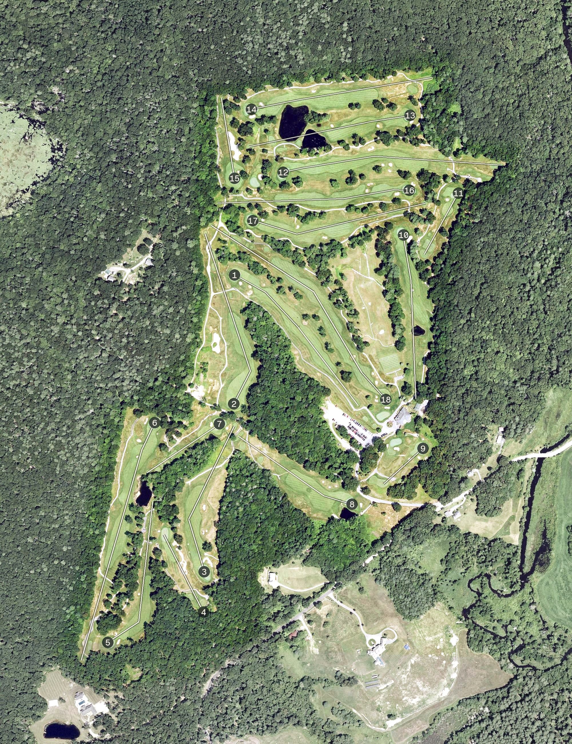 Aerial view of Connecticut National Golf Course, CT, with its hole routing marked