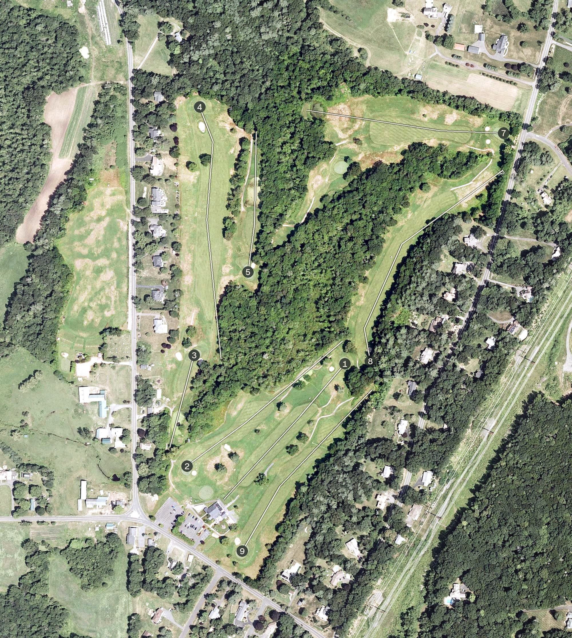Aerial view of Copper Hill Golf Club, CT, with its hole routing marked