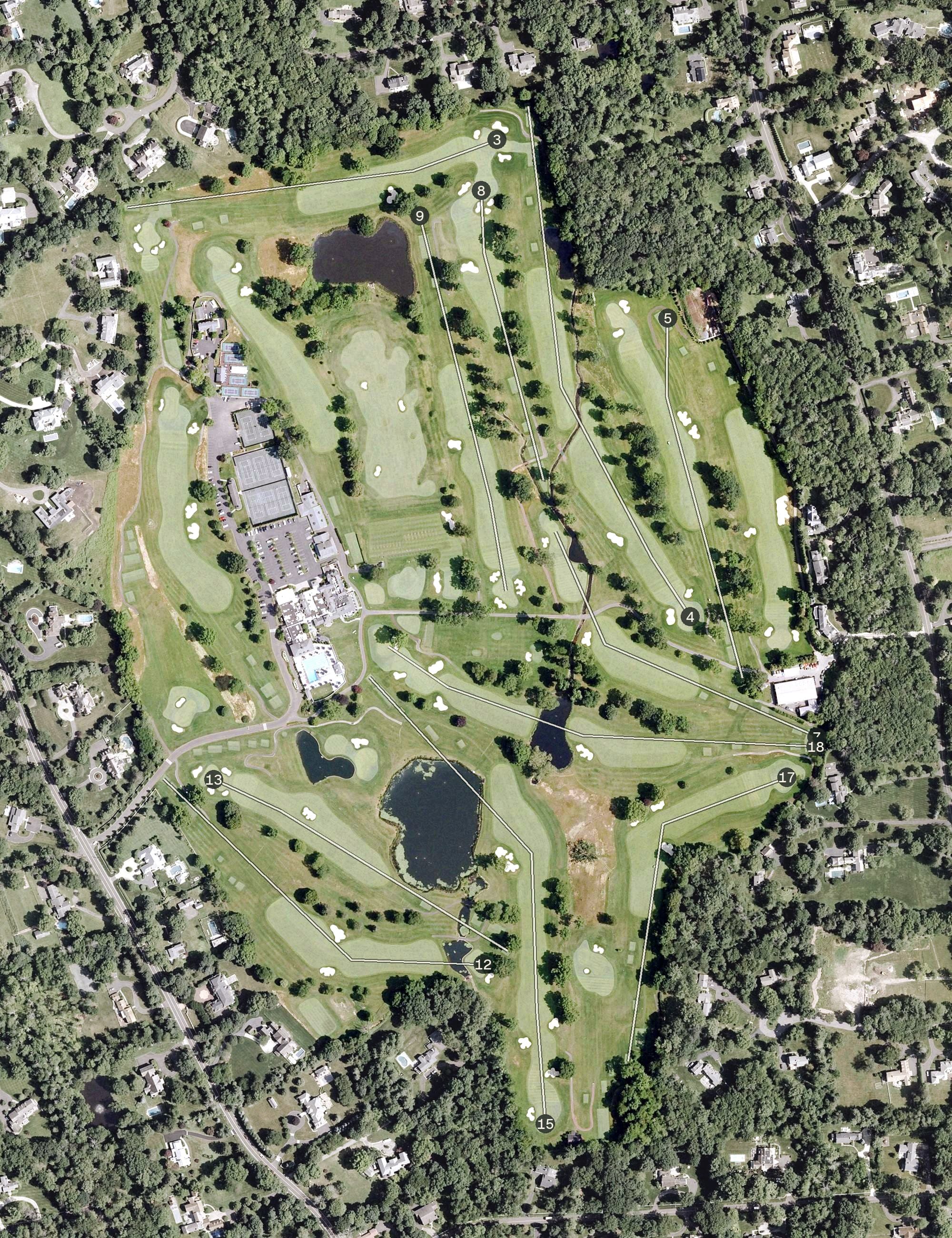 Aerial view of Country Club Of Darien, CT, with its hole routing marked