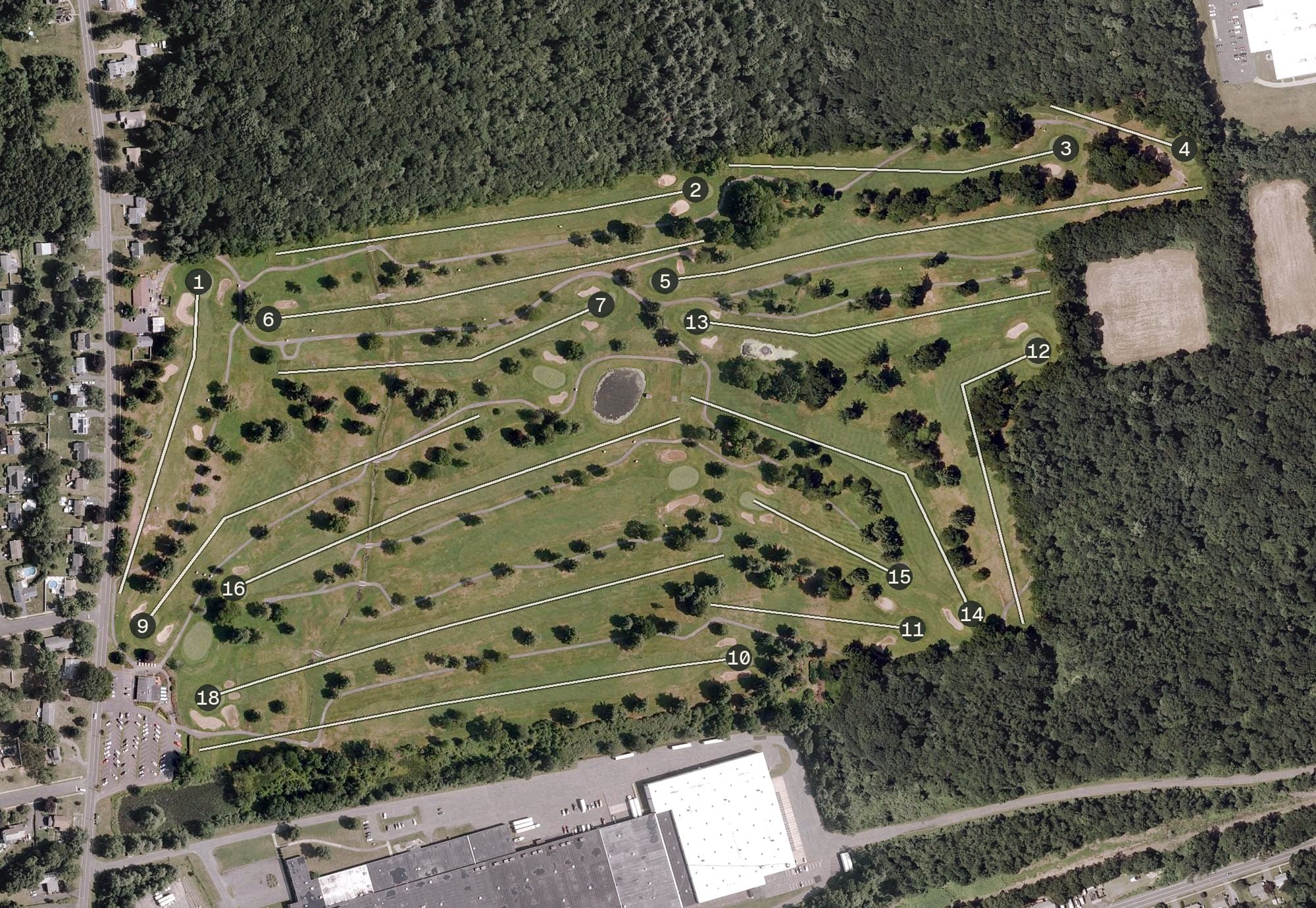 Aerial view of East Hartford Golf Club, CT, with its hole routing marked