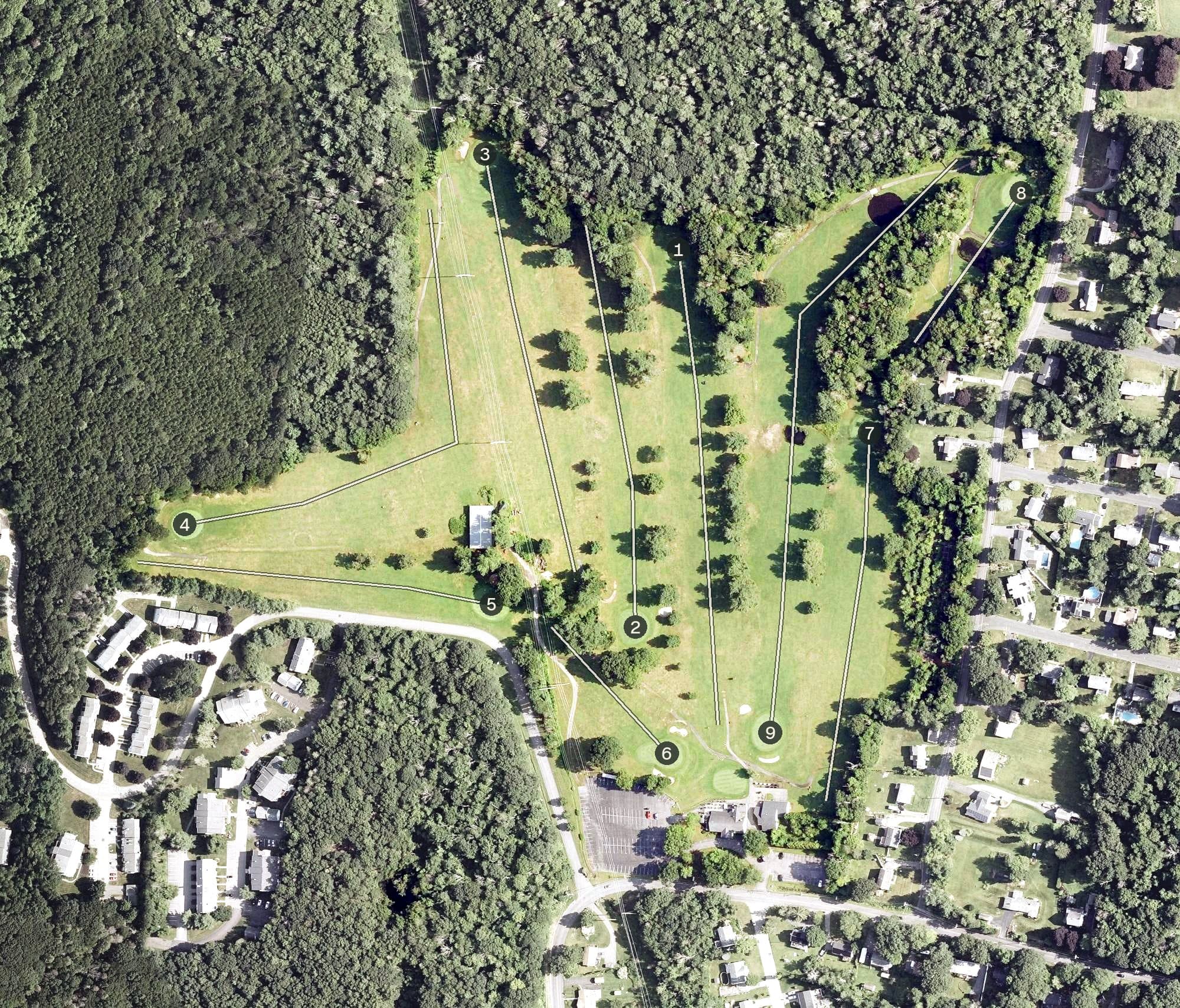Aerial view of Eastwood Country Club, CT, with its hole routing marked