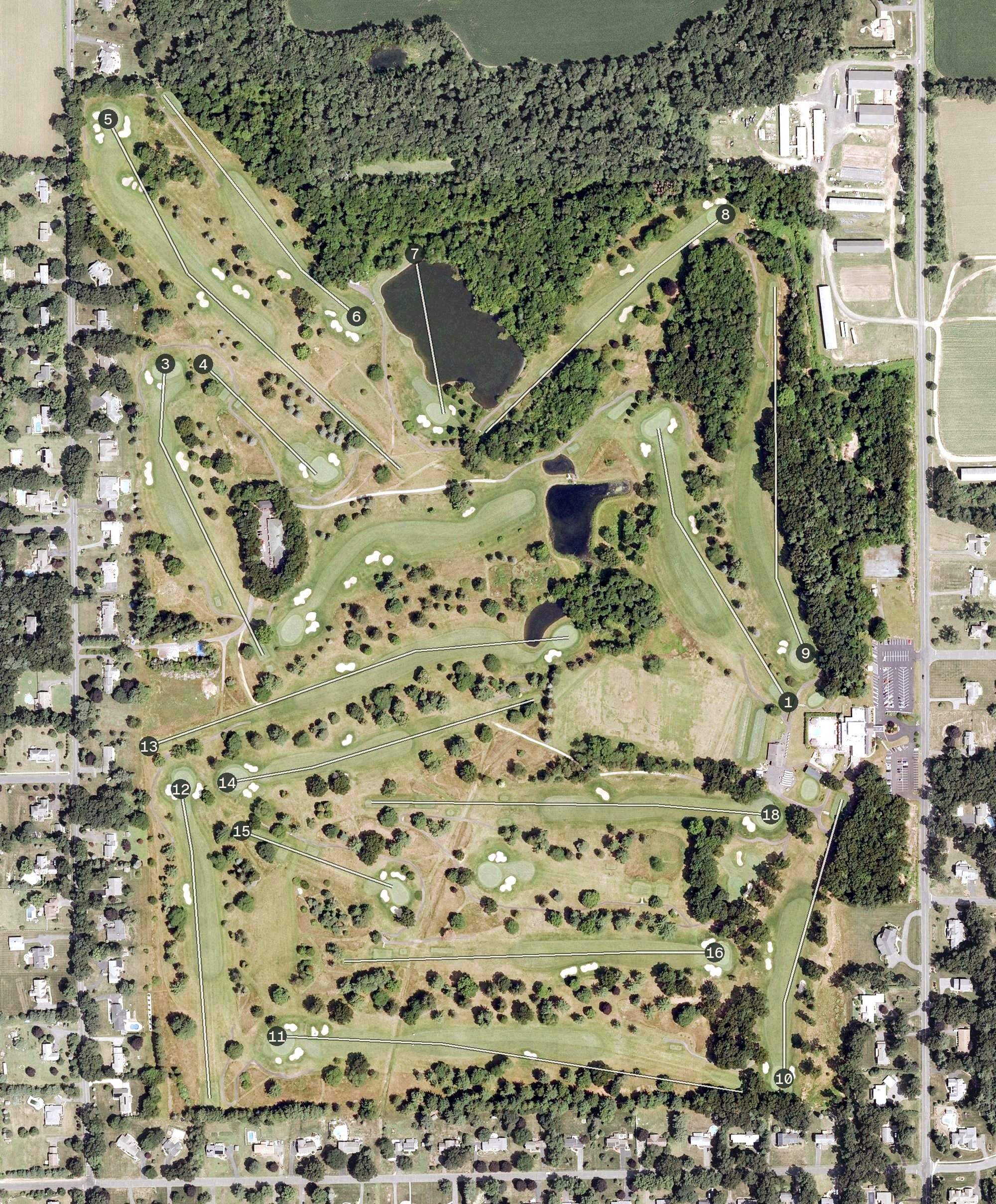 Aerial view of Ellington Ridge Country Club, CT, with its hole routing marked
