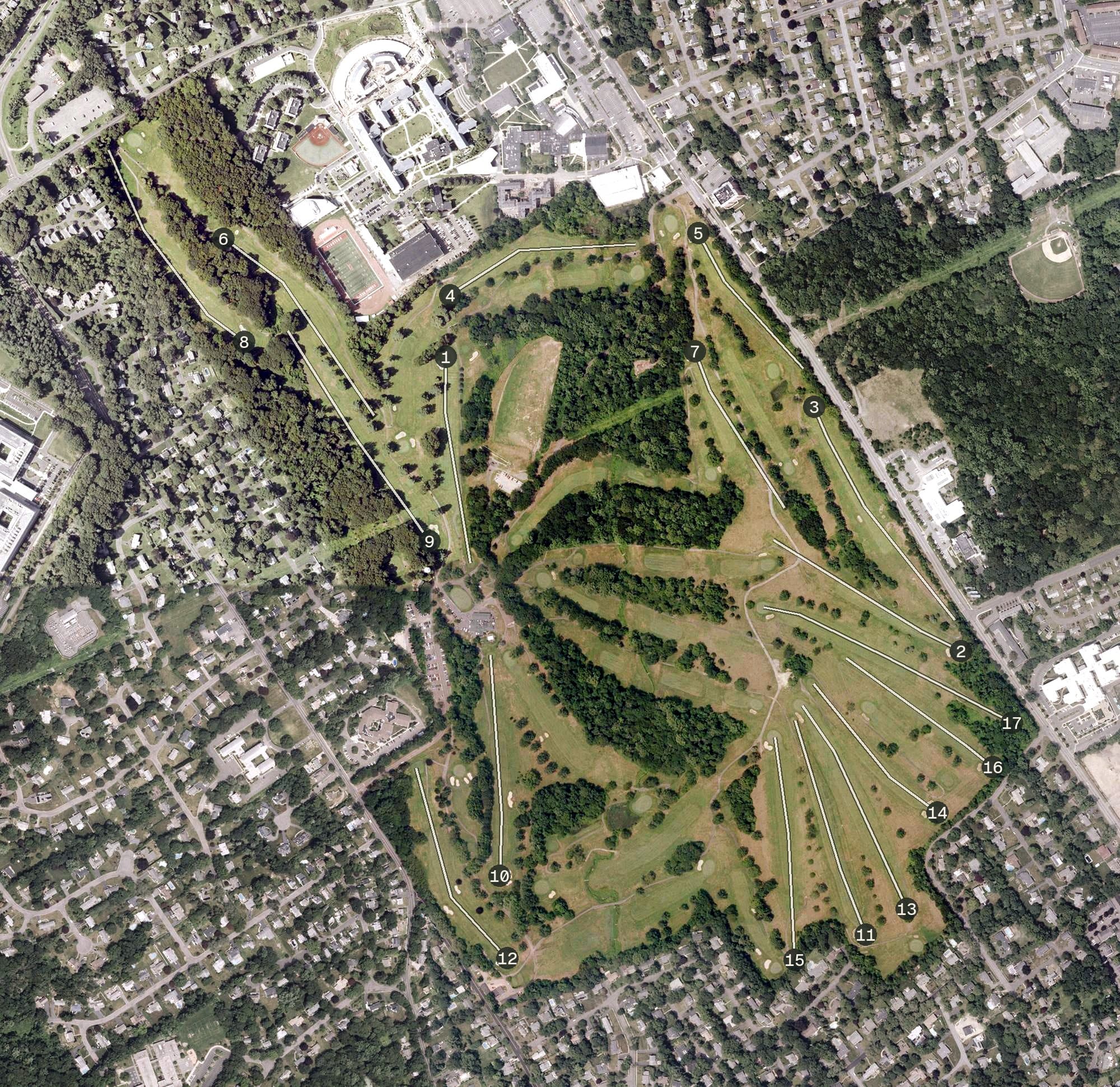 Aerial view of Fairchild Wheeler Golf Course, CT, with its hole routing marked