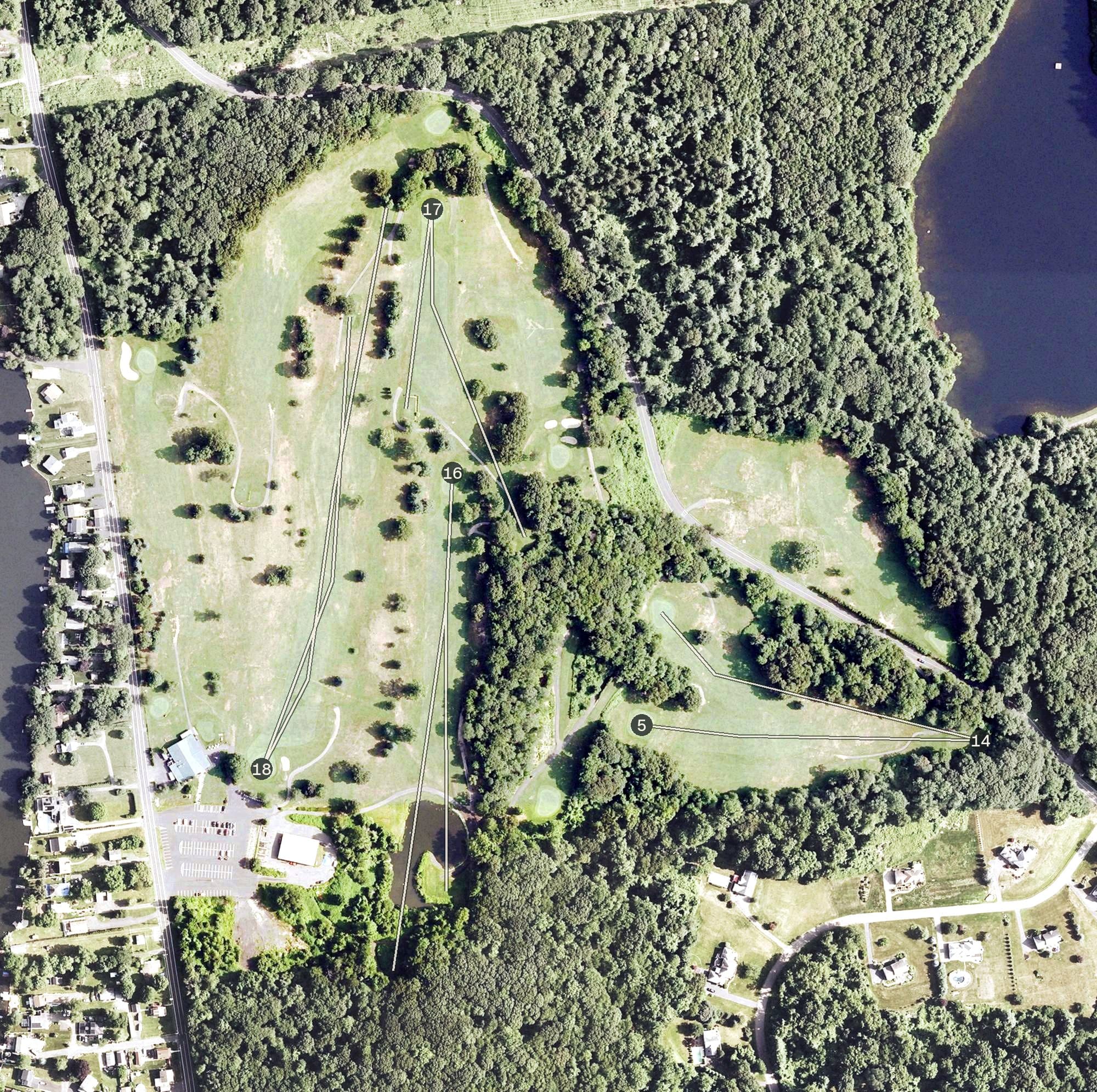 Aerial view of Farmingbury Hills Golf Course, CT, with its hole routing marked