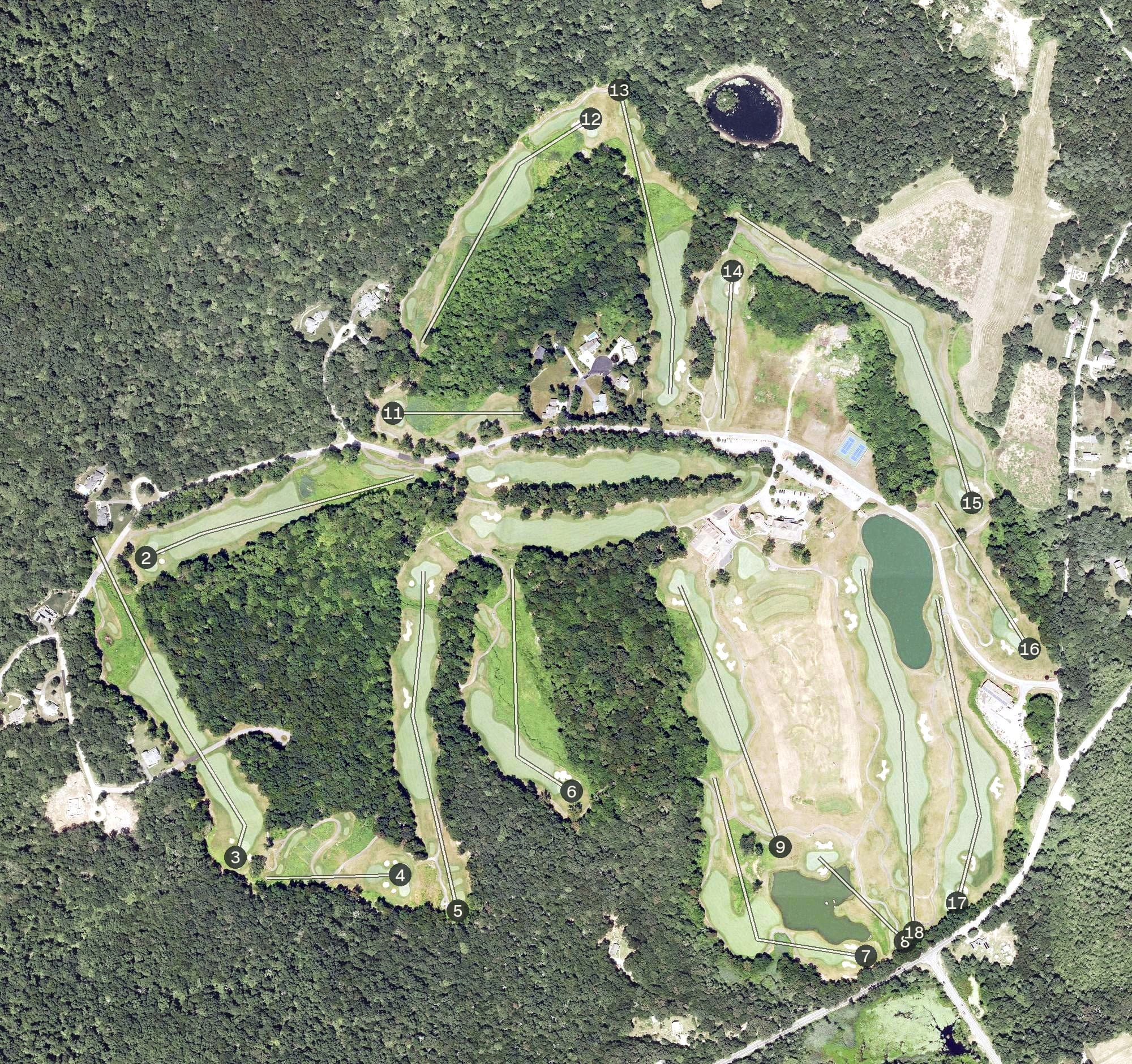 Aerial view of Fox Hopyard Golf Club, CT, with its hole routing marked