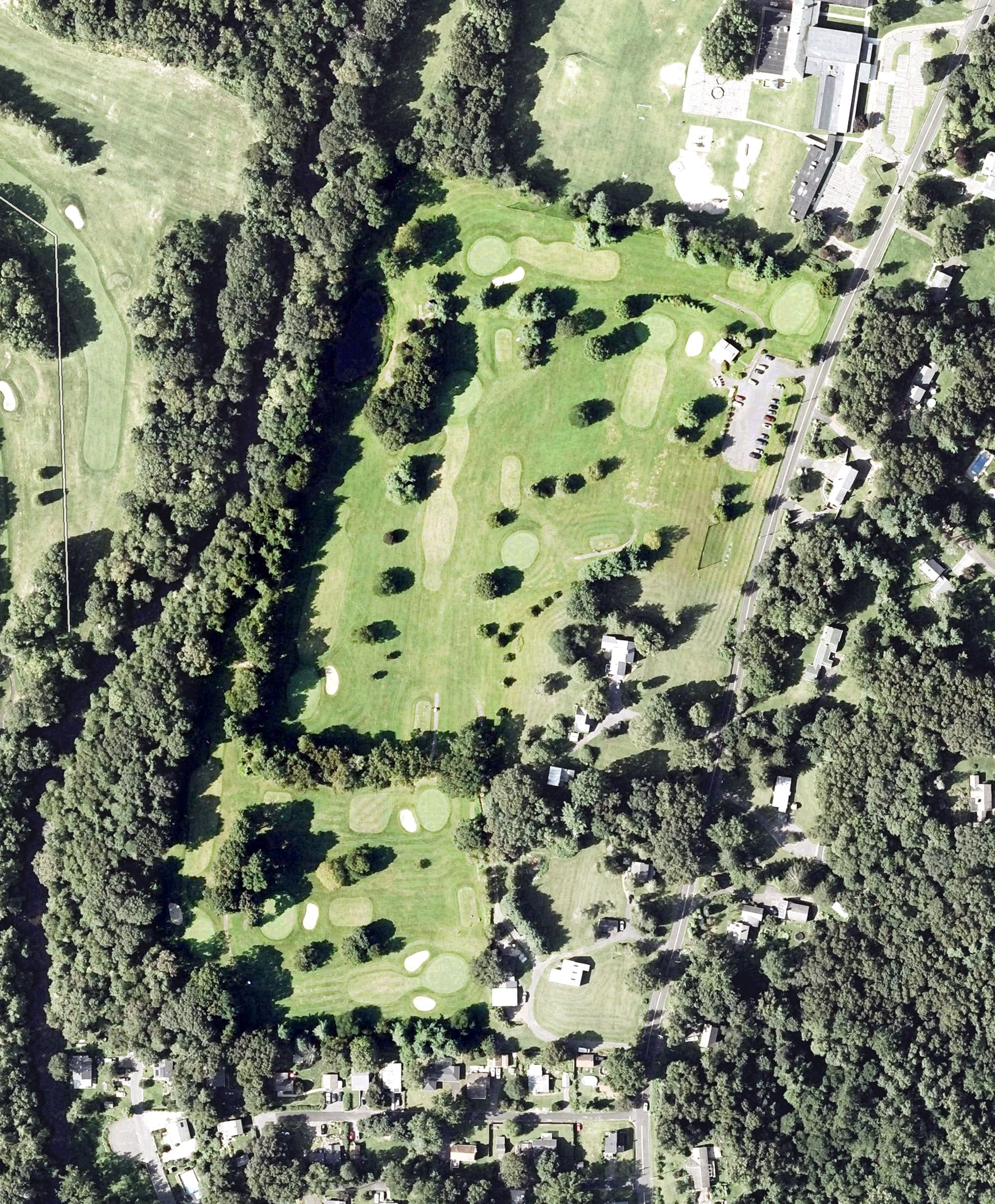 Aerial view of Gainfield Farms Gold Course, CT, with its hole routing marked