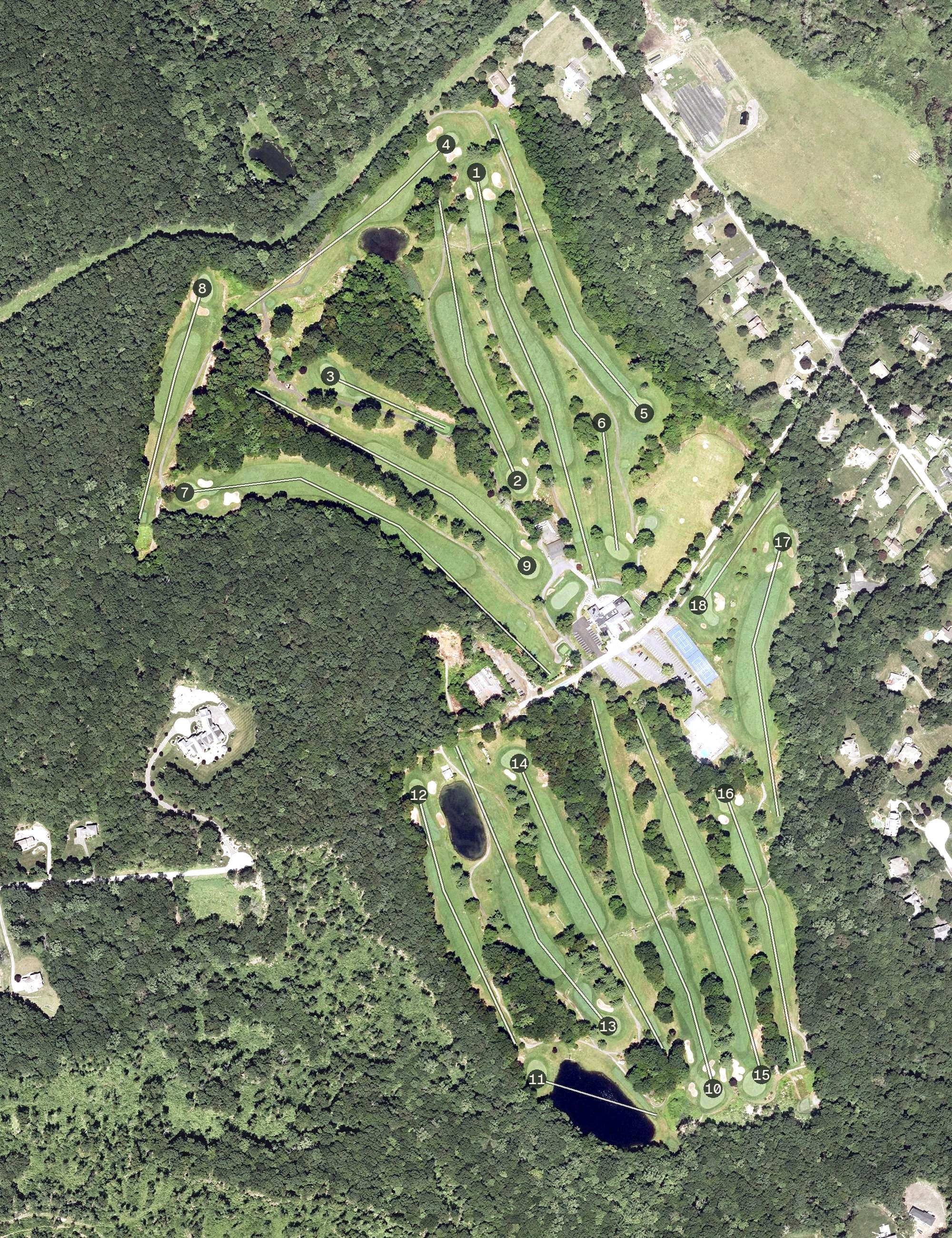 Aerial view of Glastonbury Hills Country Club, CT, with its hole routing marked