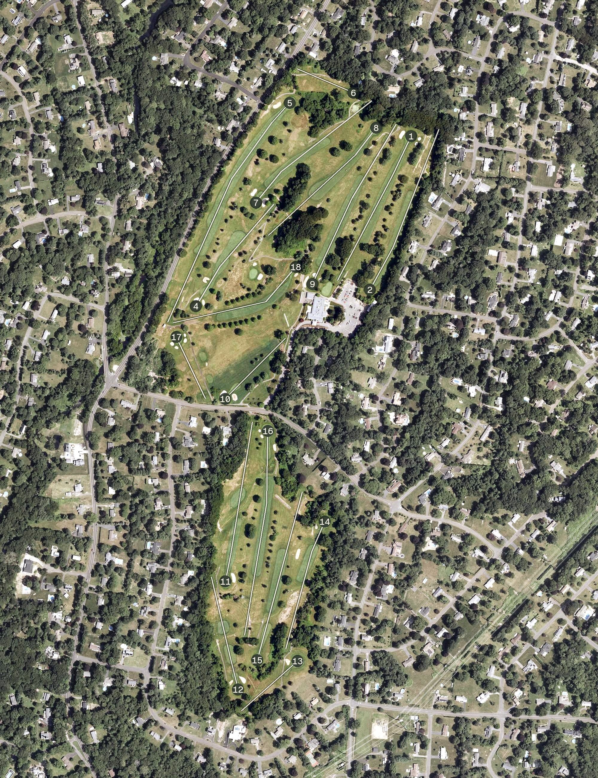 Aerial view of Grassy Hill Country Club, CT, with its hole routing marked