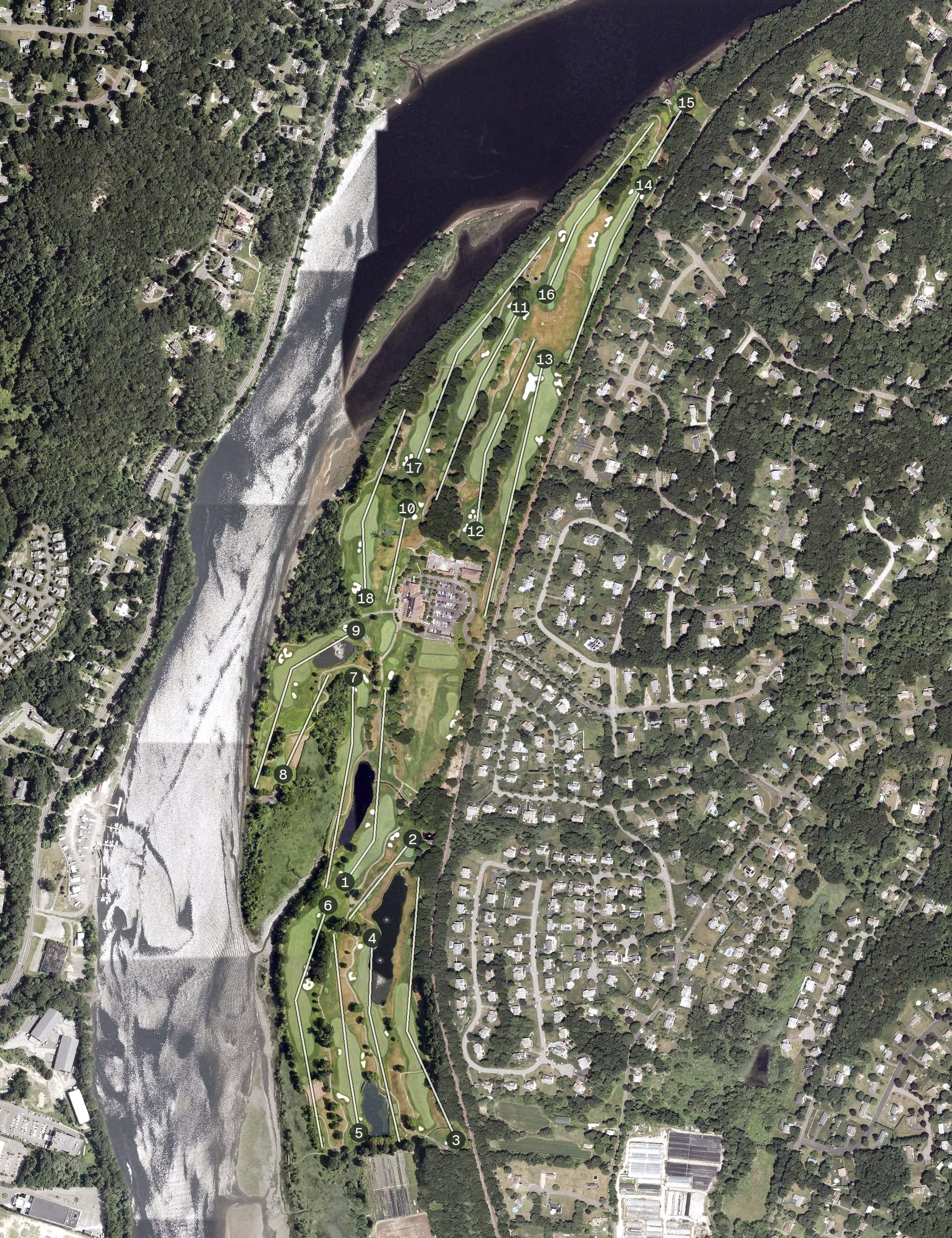 Aerial view of Great River Golf Club, CT, with its hole routing marked