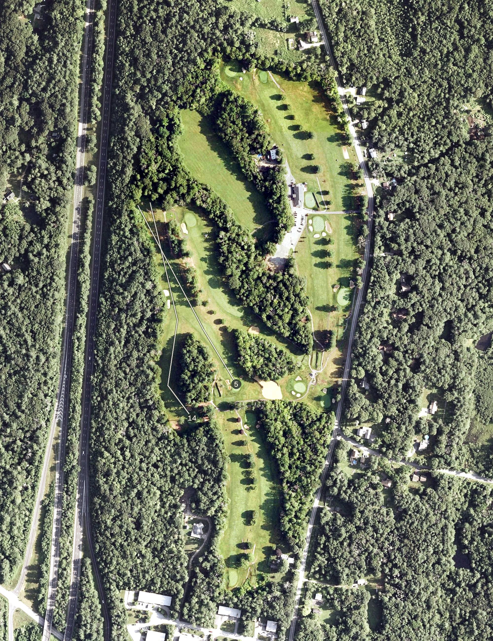 Aerial view of Green Woods Country Club, CT, with its hole routing marked