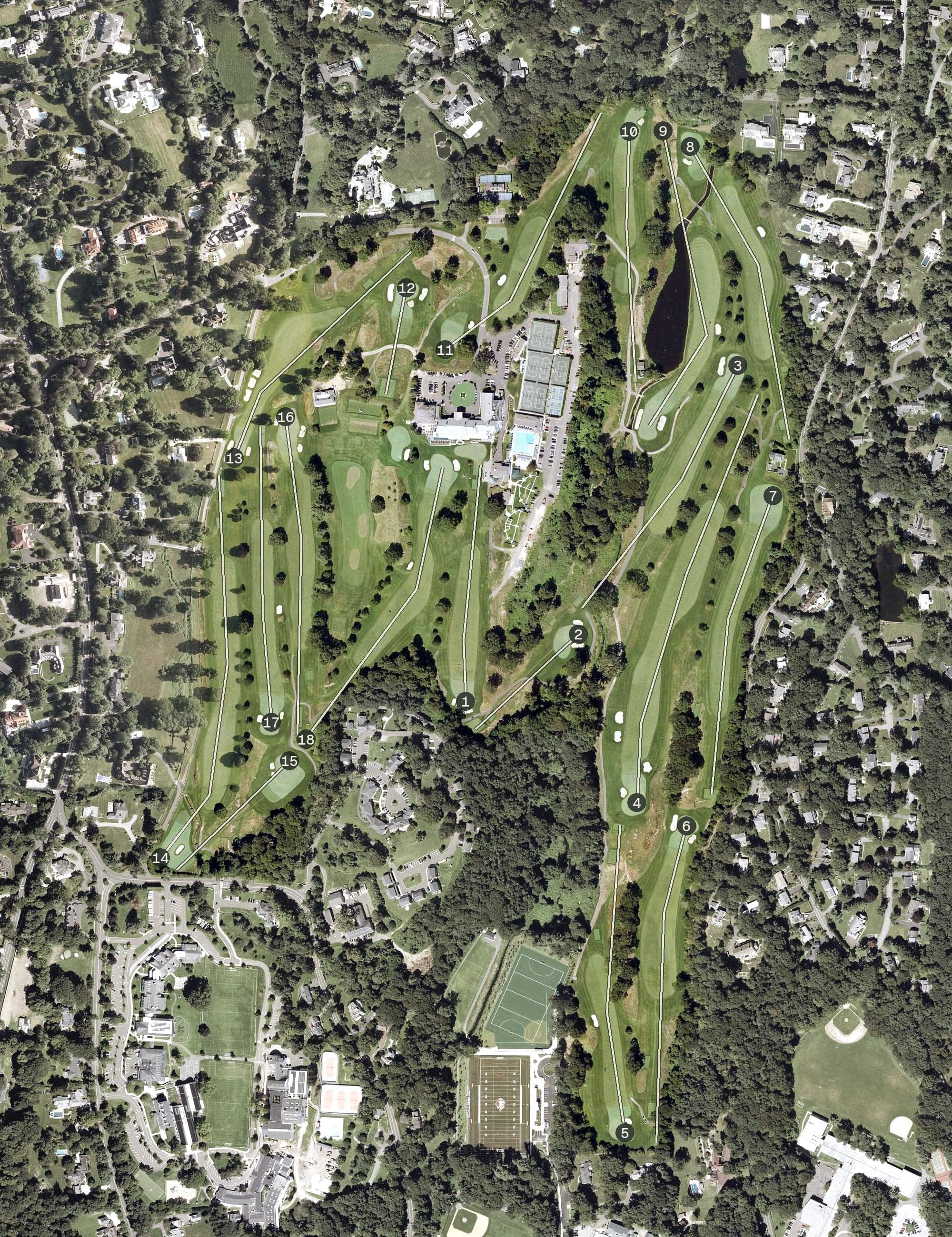 Aerial view of Greenwich Country Club, CT, with its hole routing marked