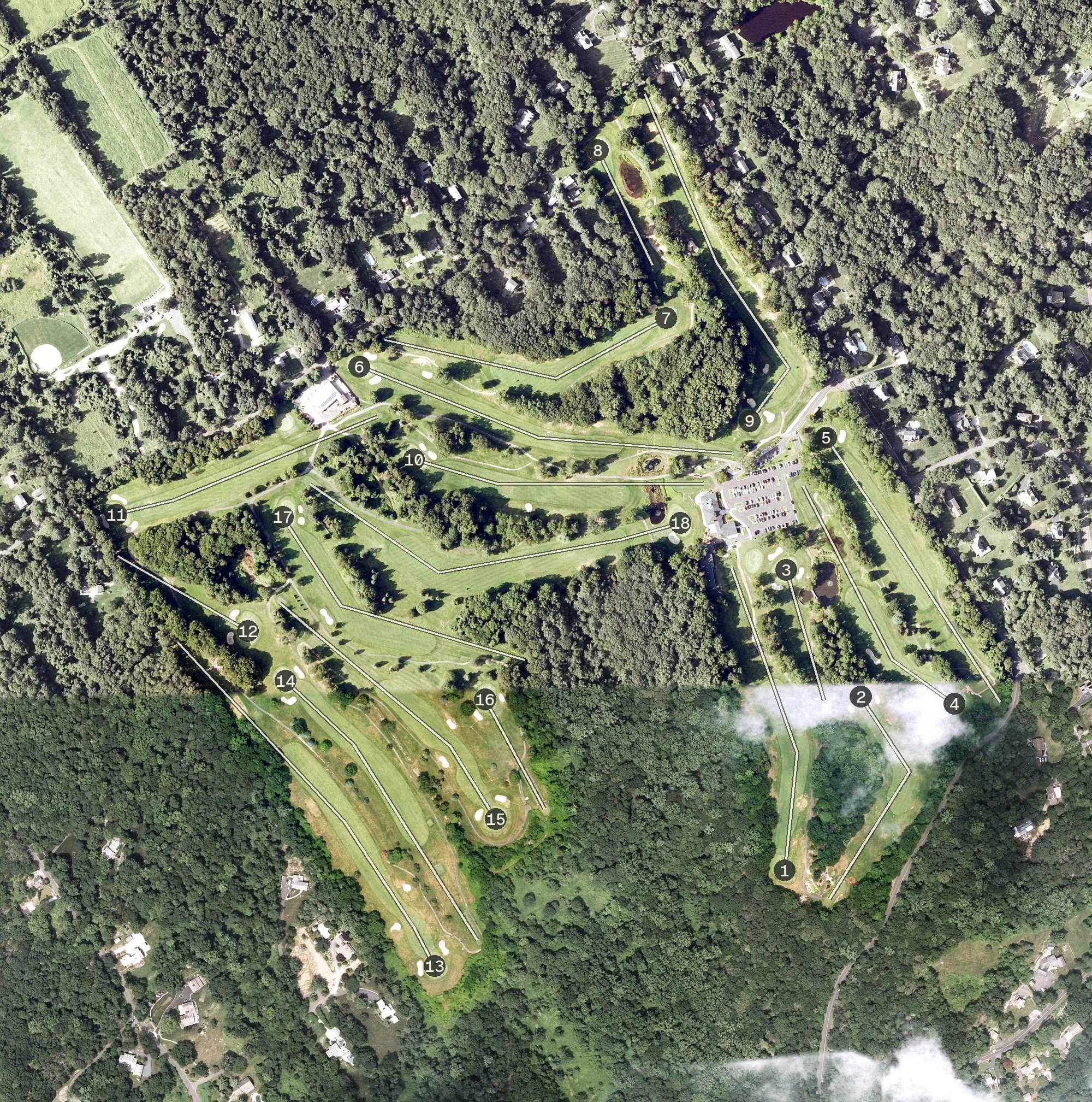 Aerial view of H Smith Richardson Golf Course, CT, with its hole routing marked