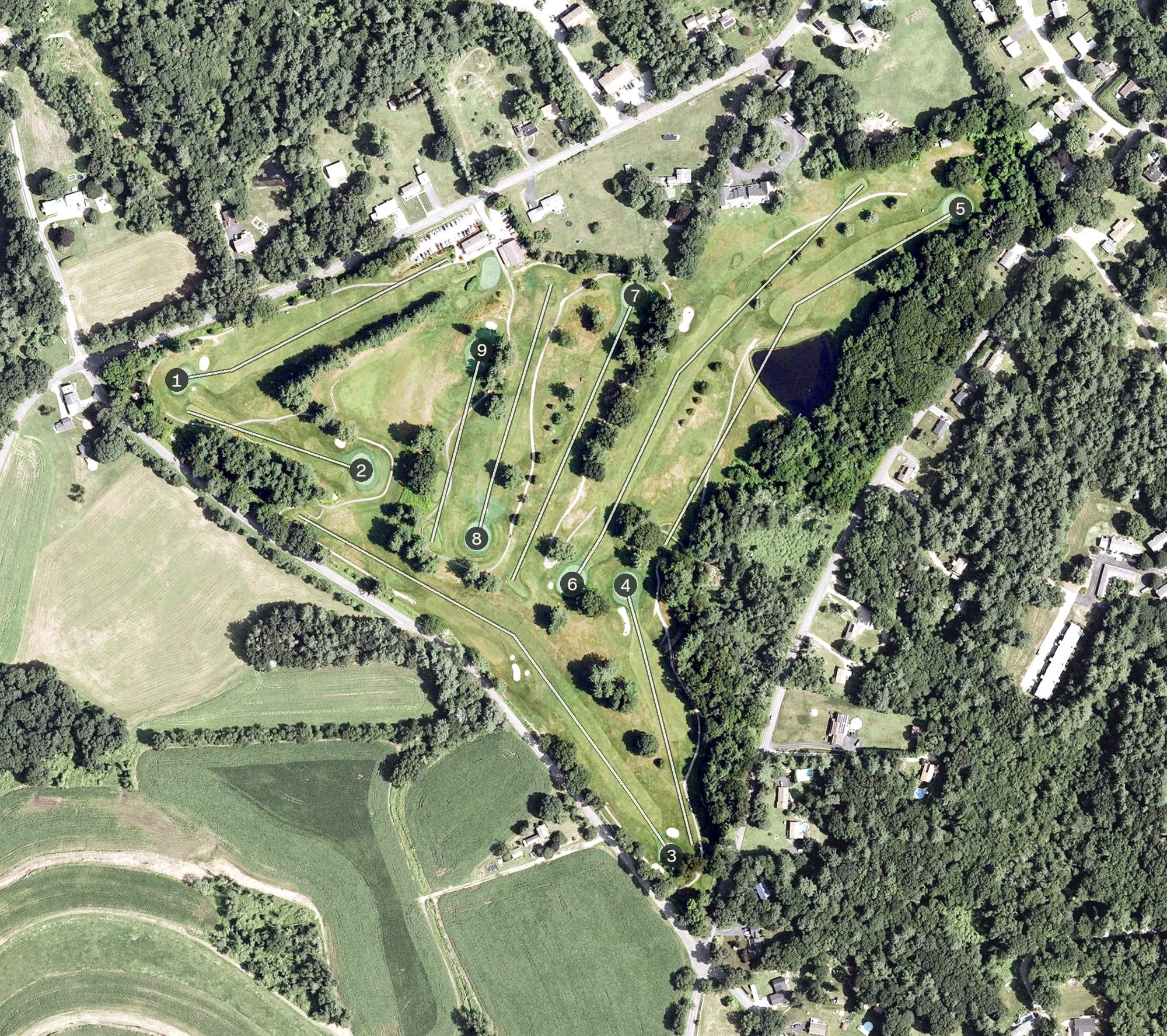 Aerial view of Harrisville Golf Course, CT, with its hole routing marked