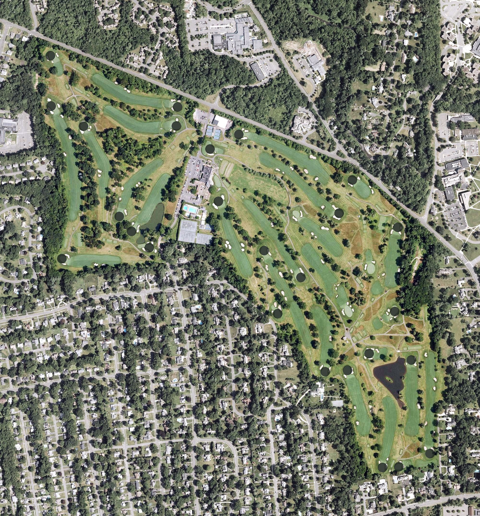 Aerial view of Hartford Golf Club, CT, with its hole routing marked