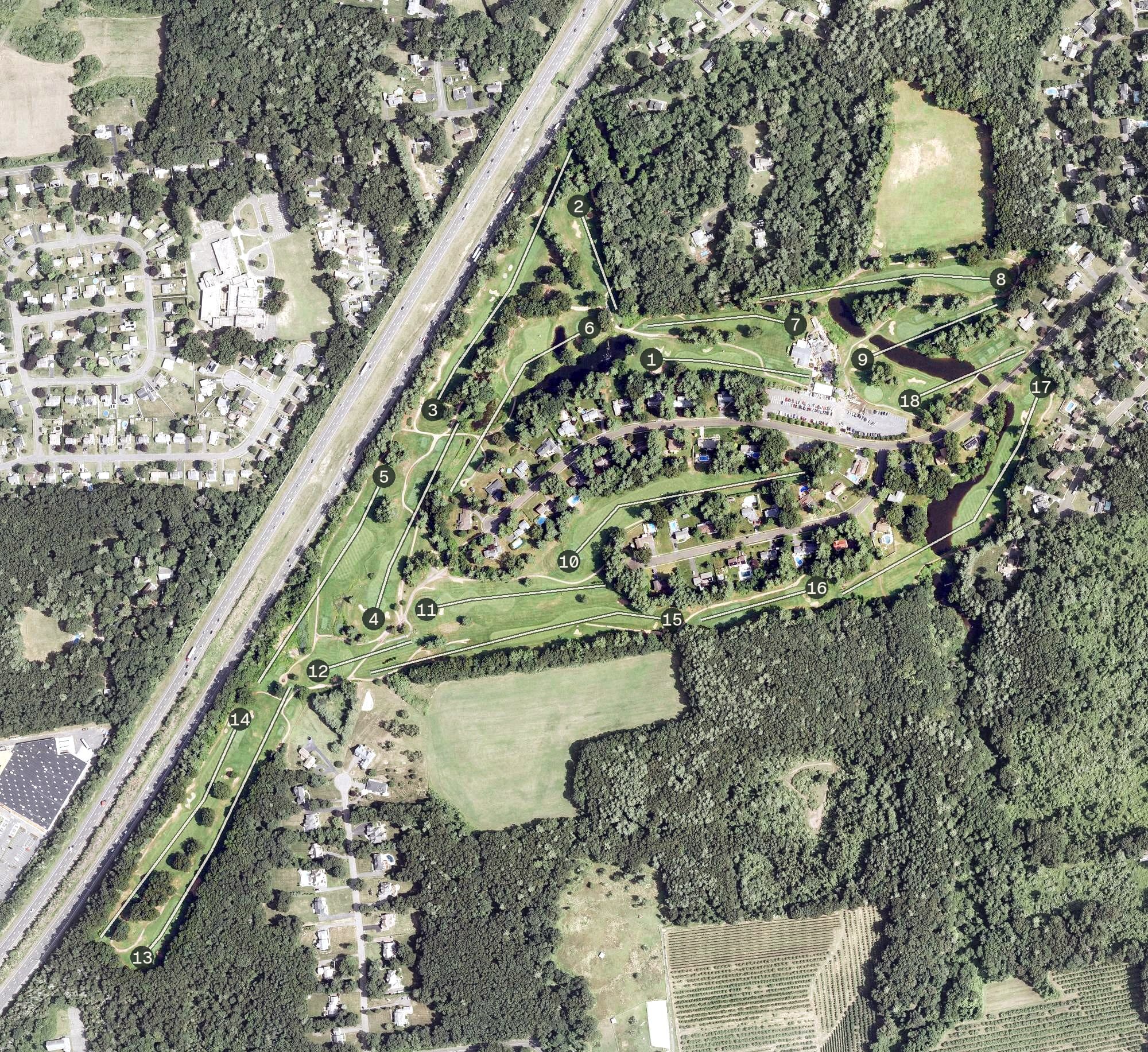Aerial view of Hawk's Landing Golf Club, CT, with its hole routing marked