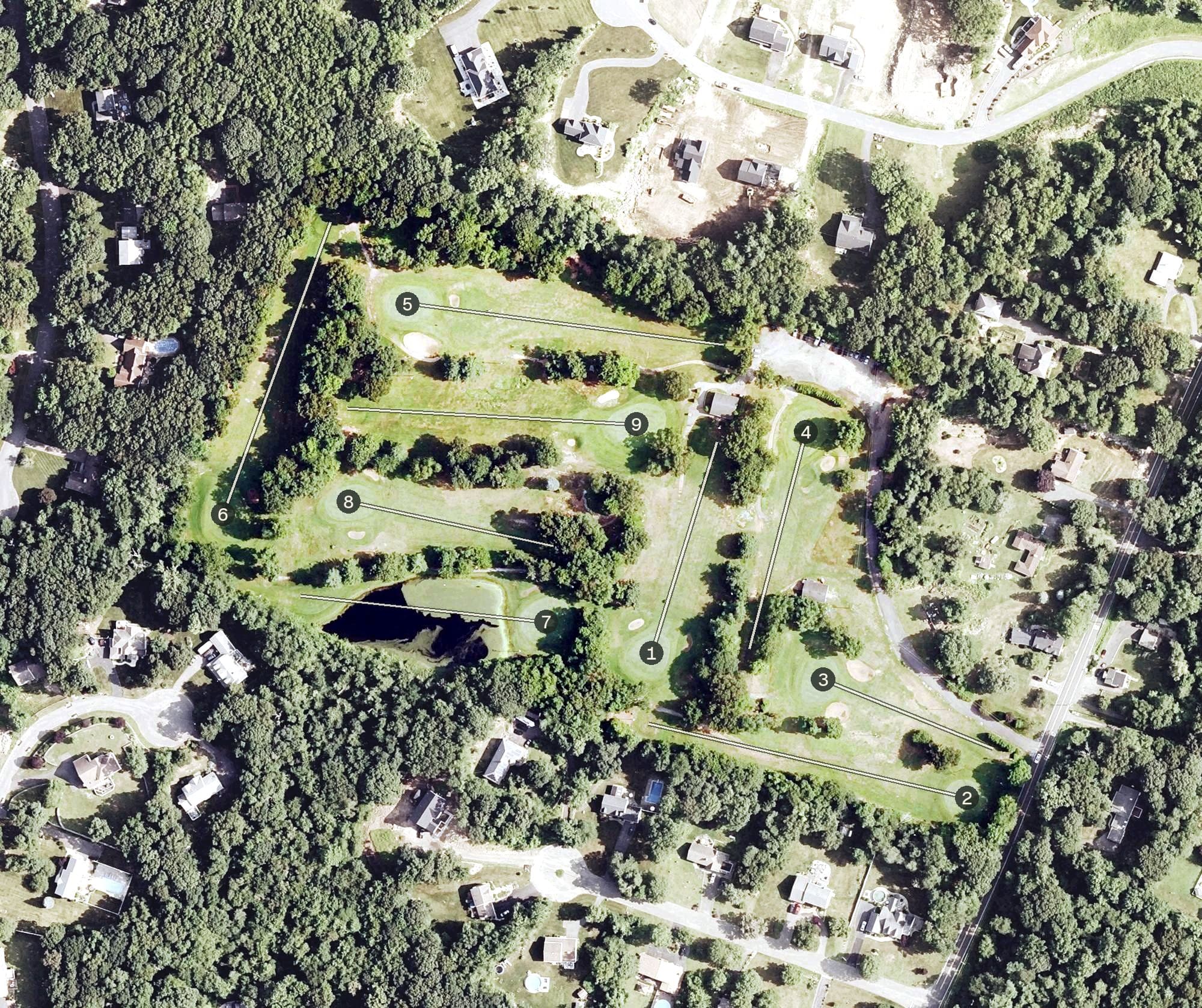 Aerial view of Highland Greens Golf Course, CT, with its hole routing marked