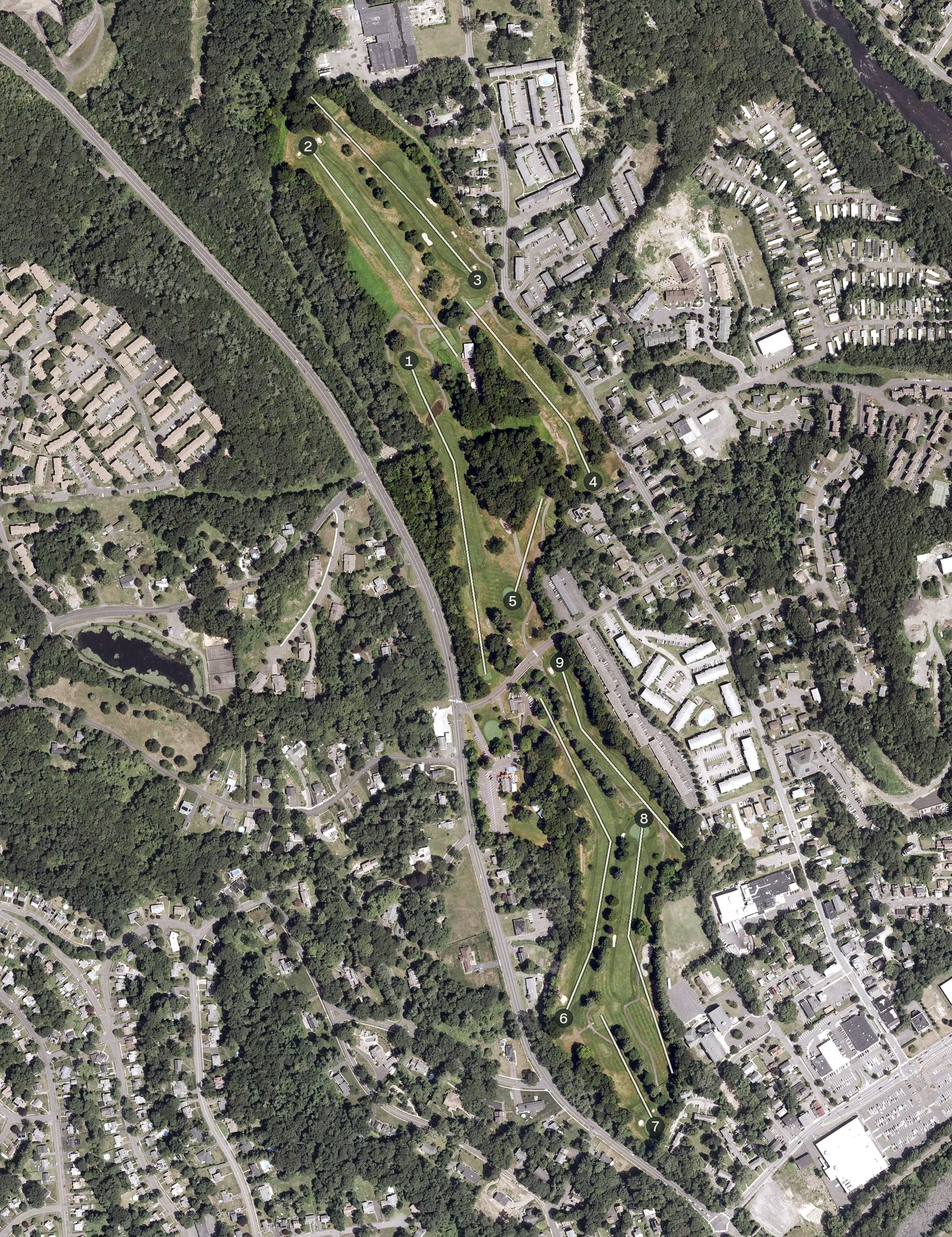 Aerial view of Hop Brook Golf Course, CT, with its hole routing marked