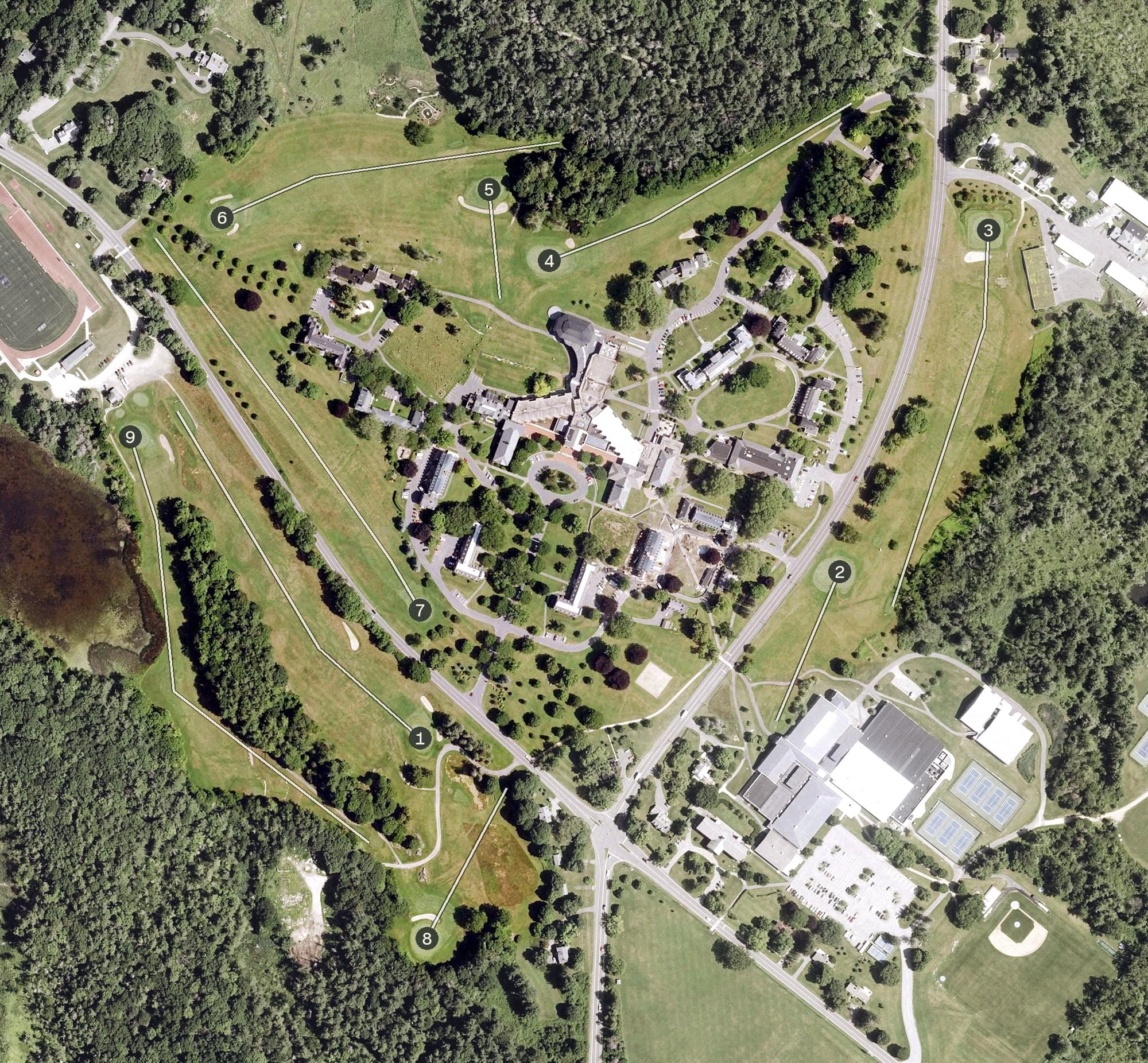 Aerial view of Hotchkiss Golf Course, CT, with its hole routing marked