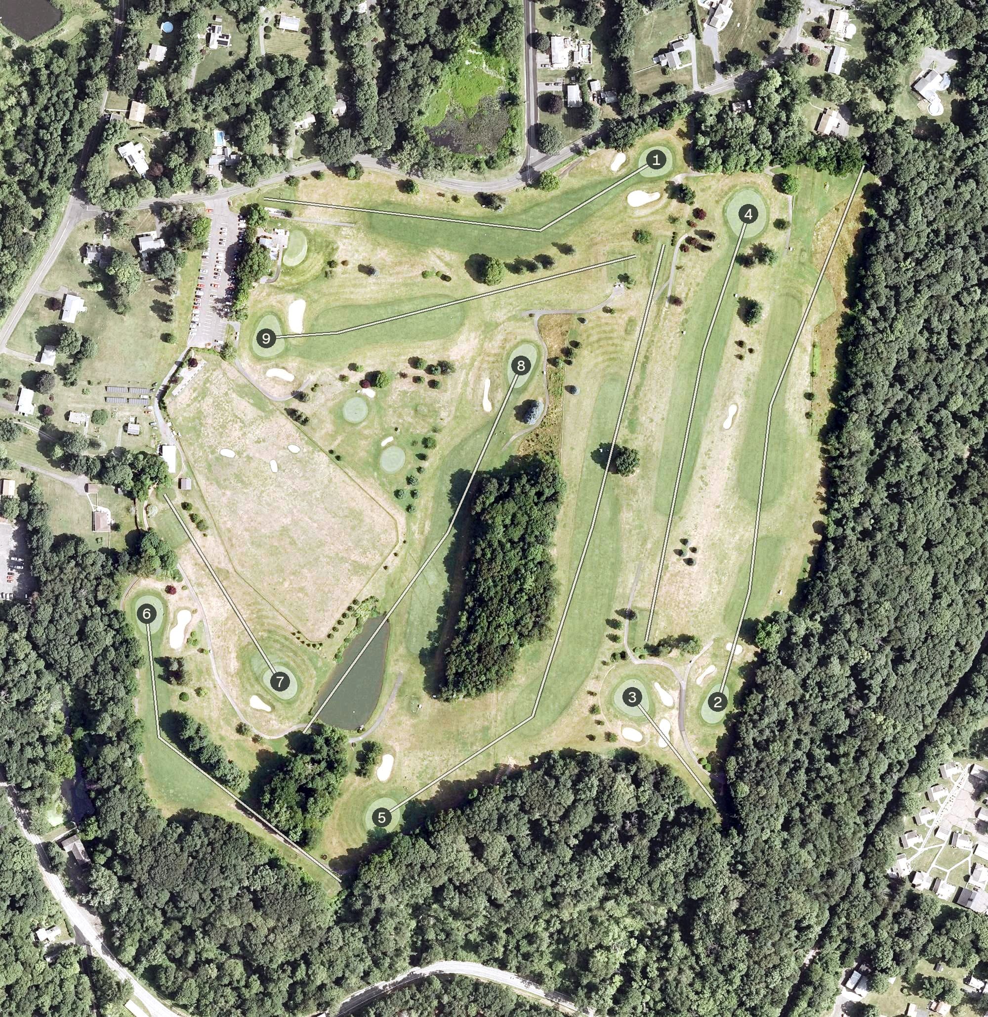Aerial view of Indian Springs Golf Club, CT, with its hole routing marked