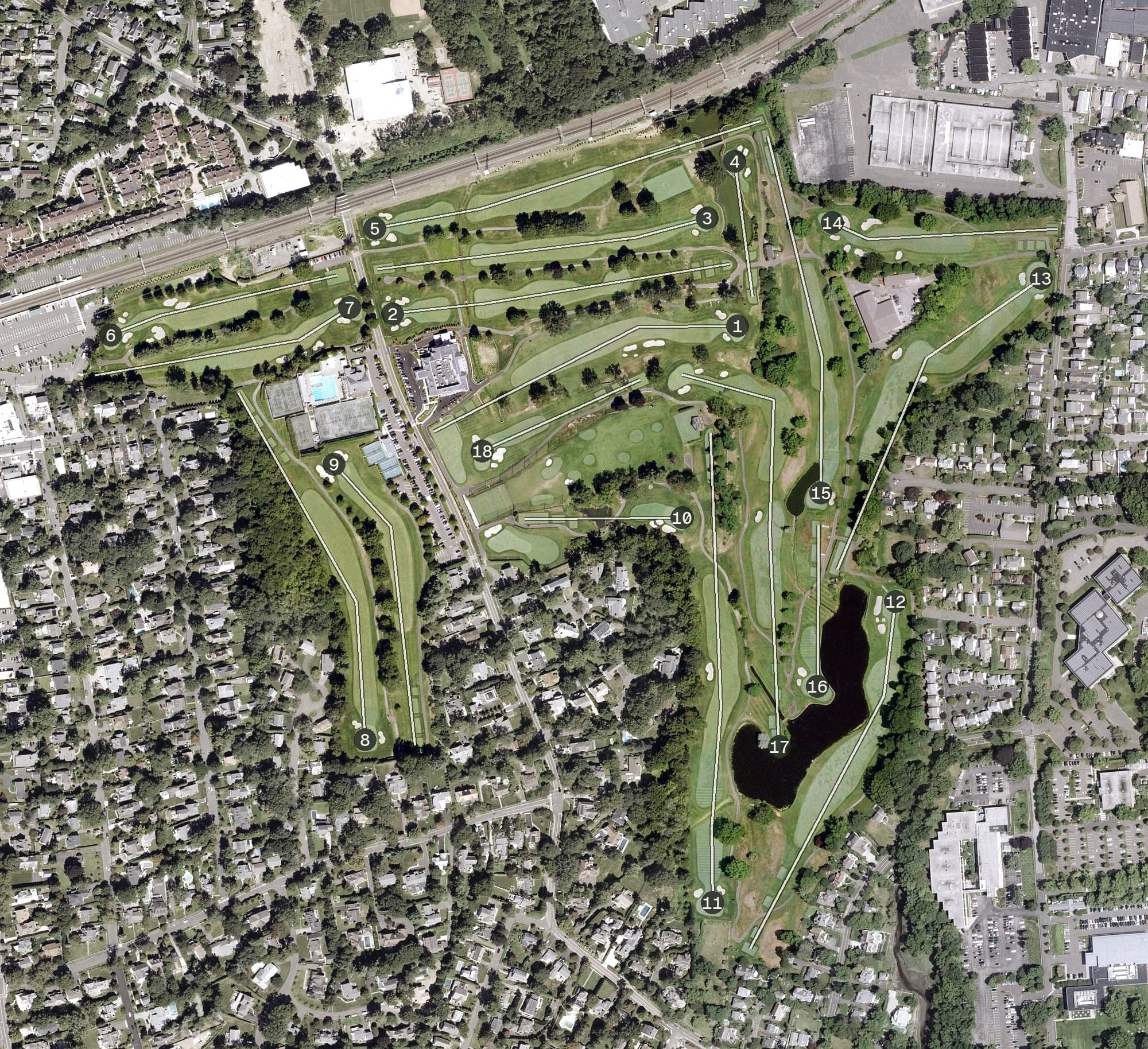 Aerial view of Innis Arden Golf Club, CT, with its hole routing marked