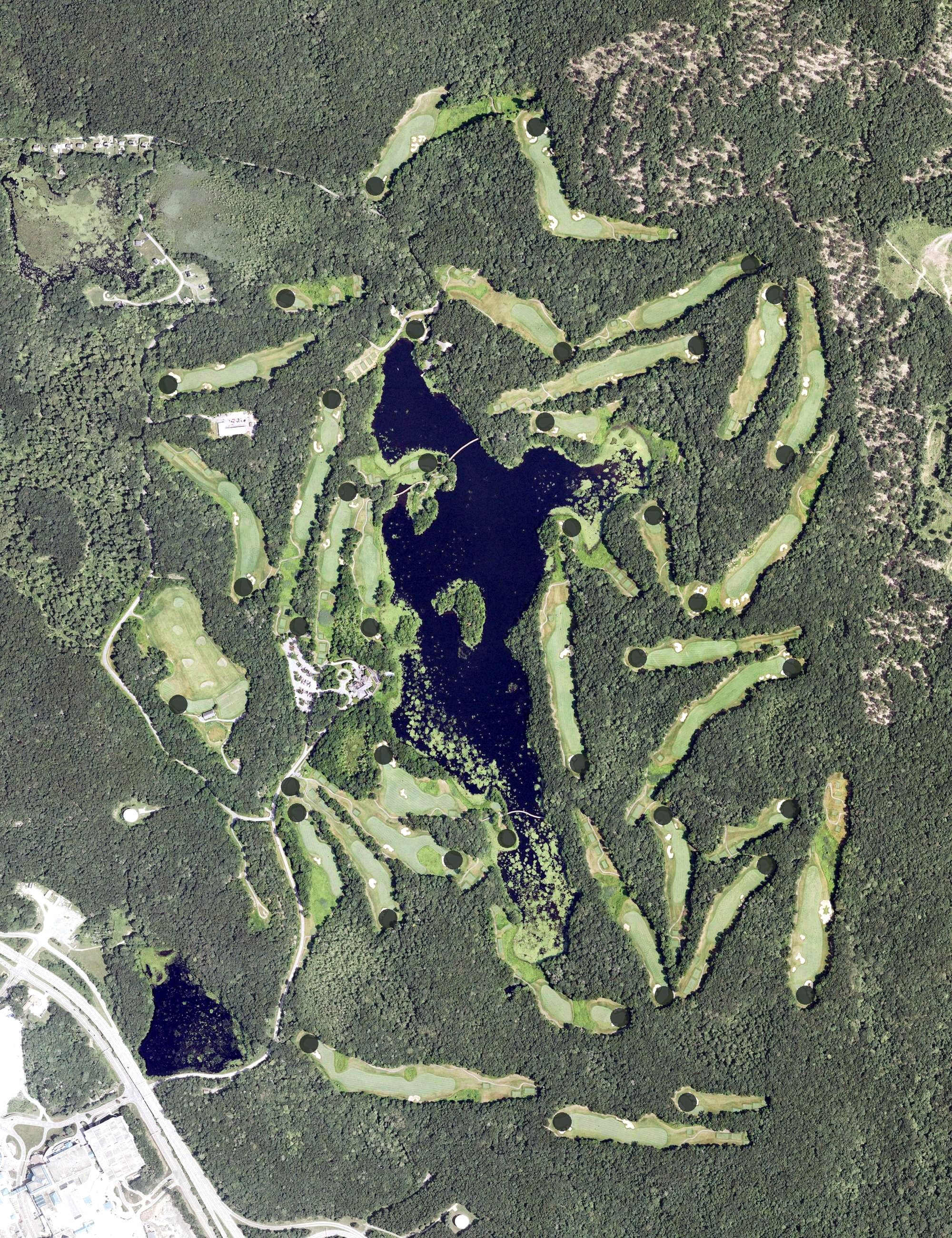 Aerial view of Lake of Isles, CT, with its hole routing marked