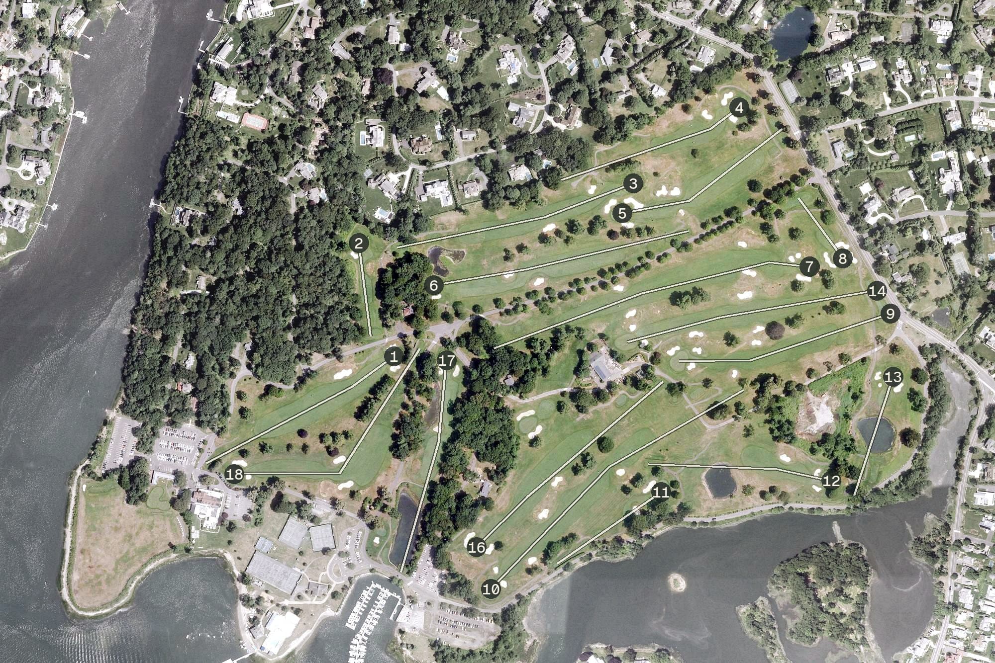 Aerial view of Longshore Golf Course, CT, with its hole routing marked