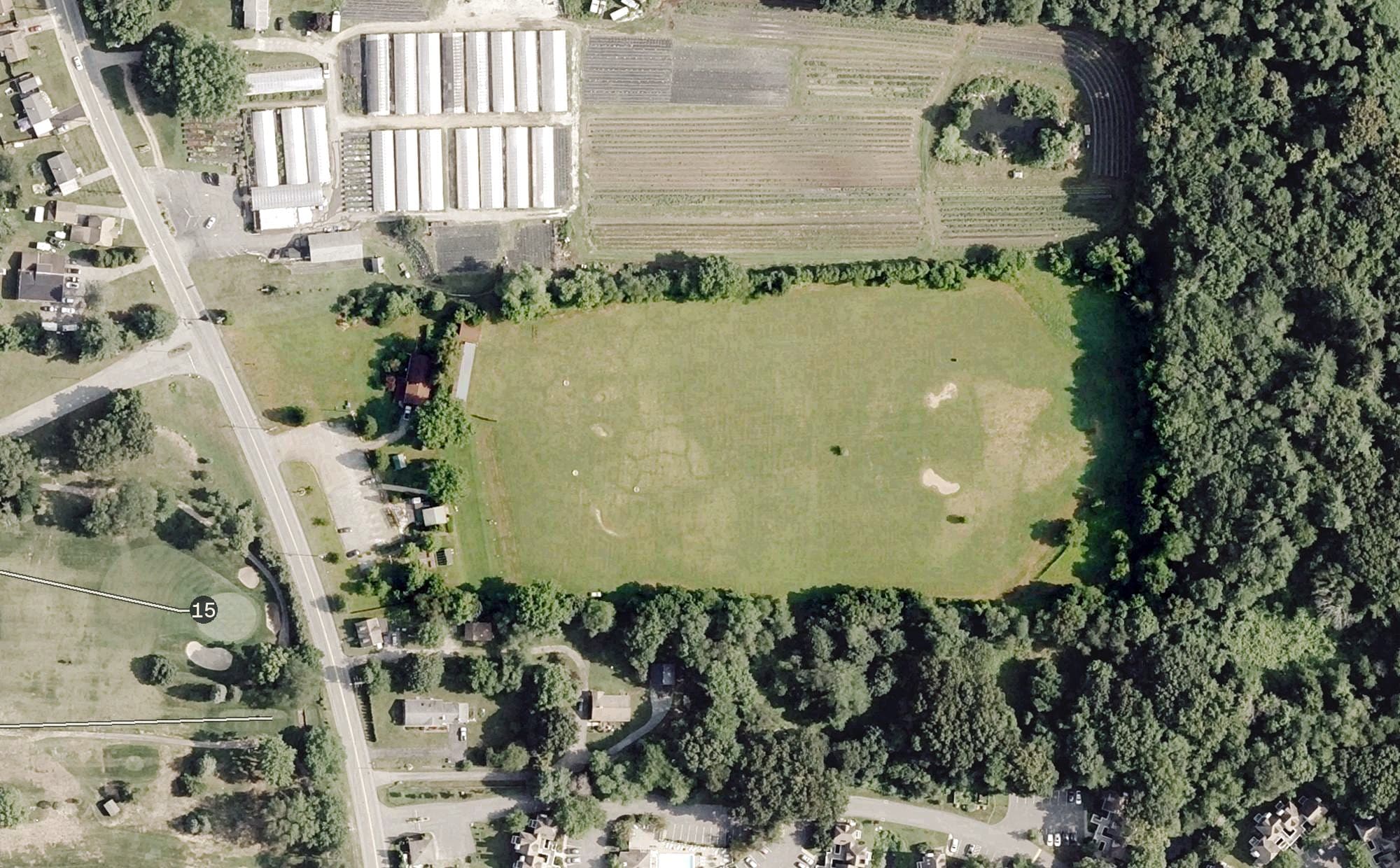 Aerial view of Malerba's Golf Driving Range, CT, with its hole routing marked