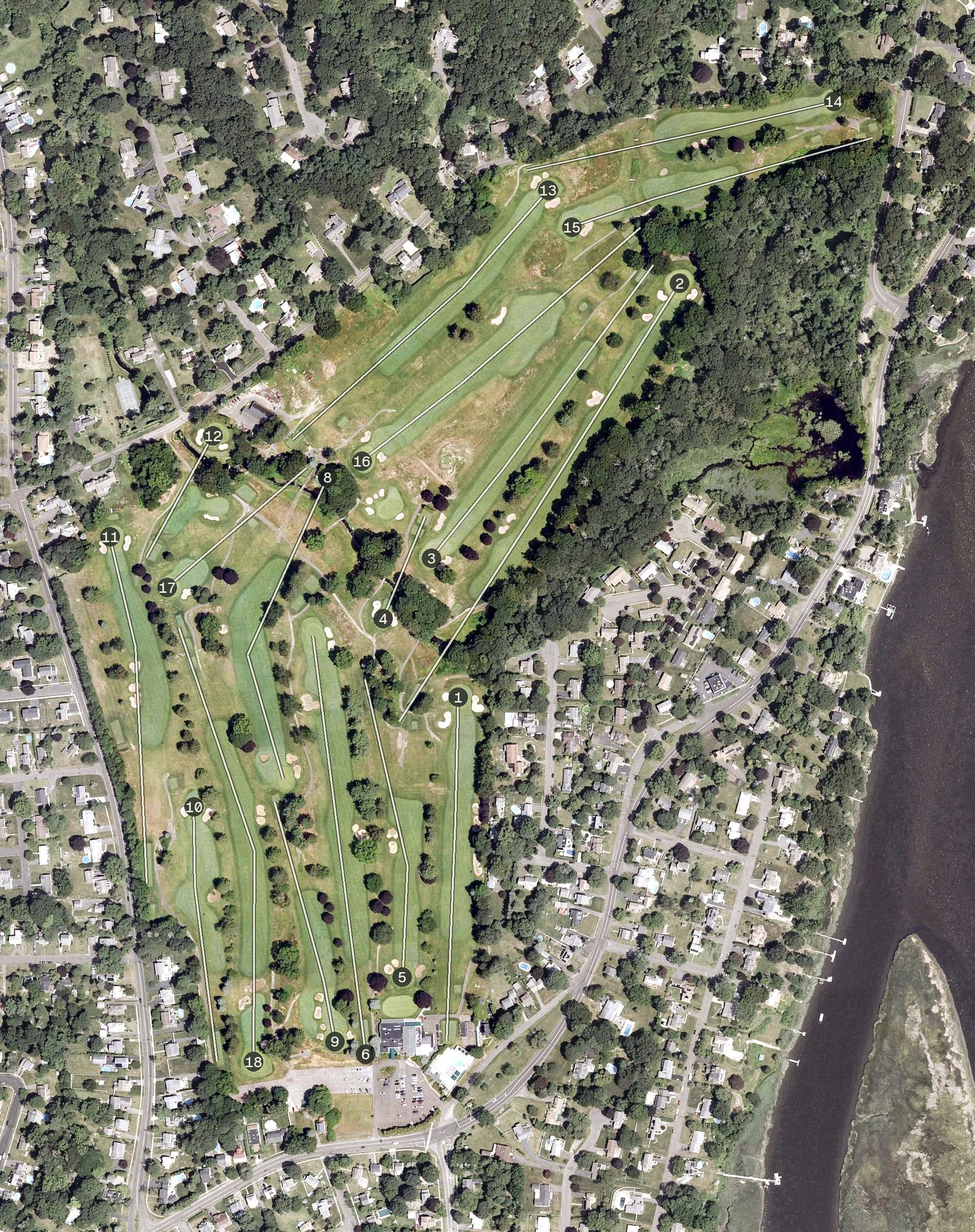 Aerial view of Mill River Country Club, CT, with its hole routing marked