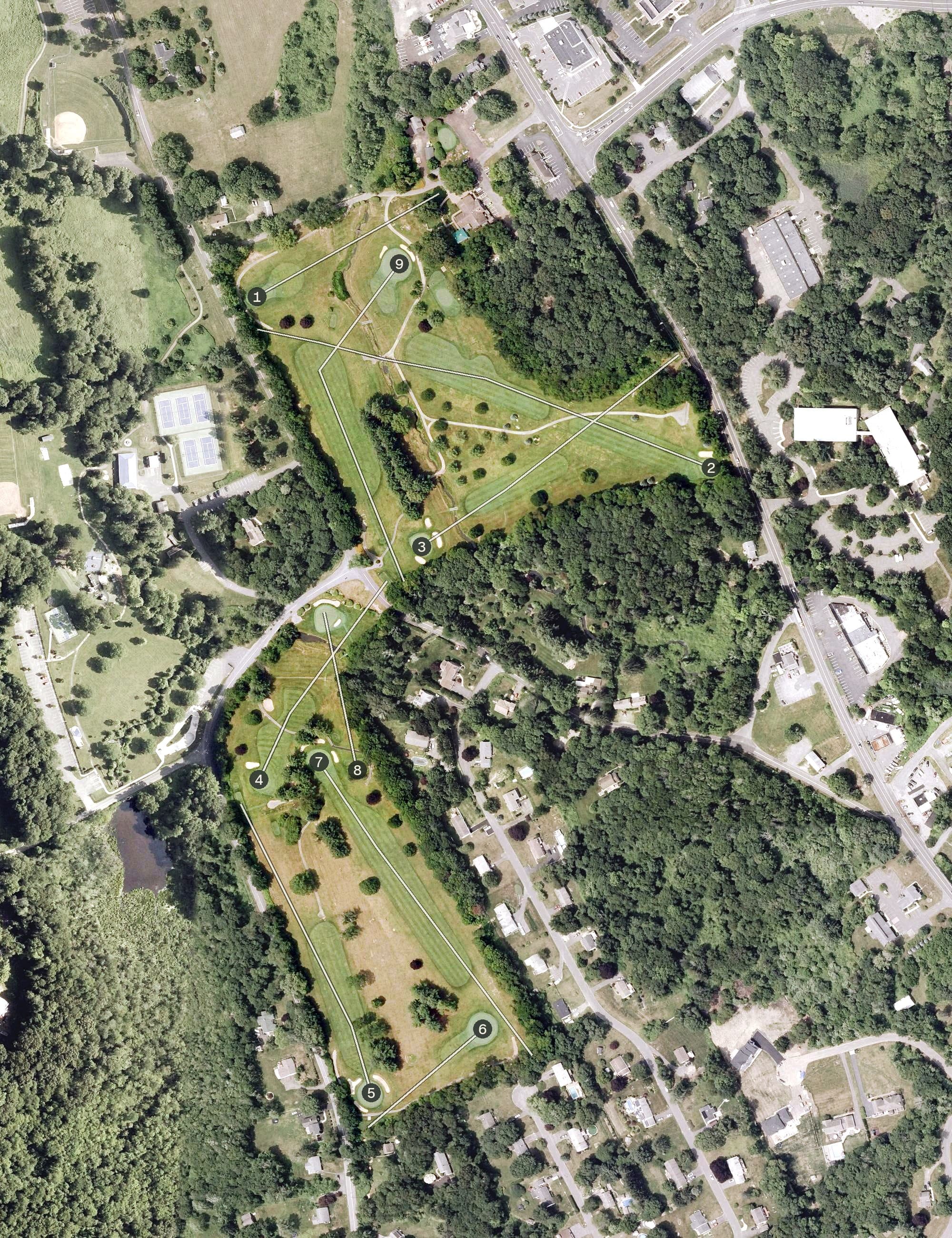 Aerial view of Newtown Country Club, CT, with its hole routing marked