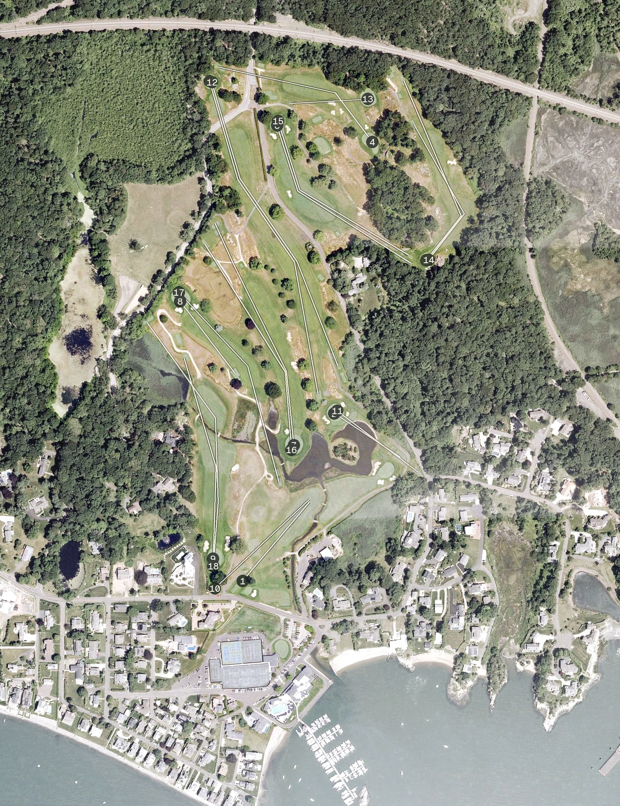 Aerial view of Pine Orchard Yacht & Country Club, CT, with its hole routing marked