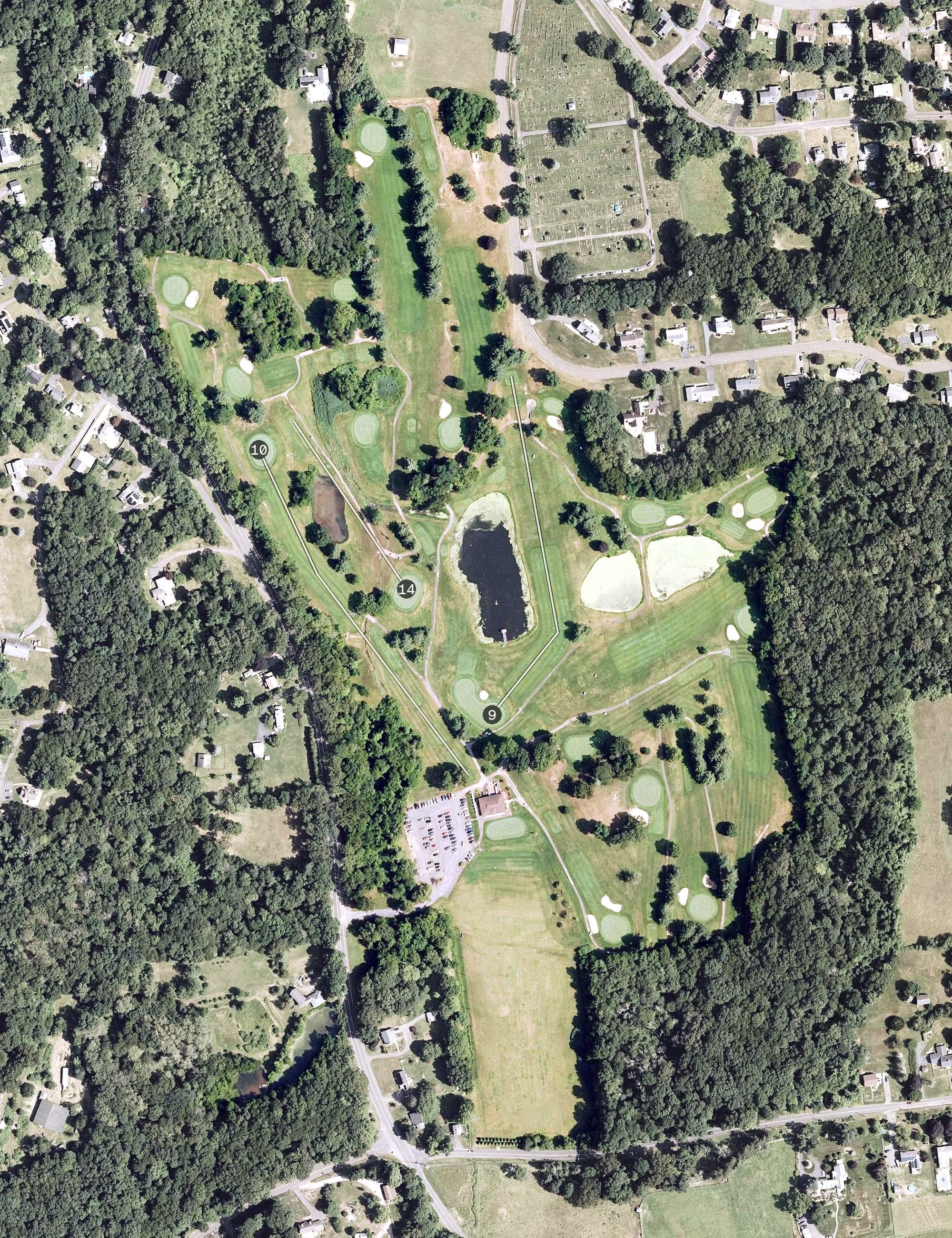 Aerial view of Portland Golf West, CT, with its hole routing marked