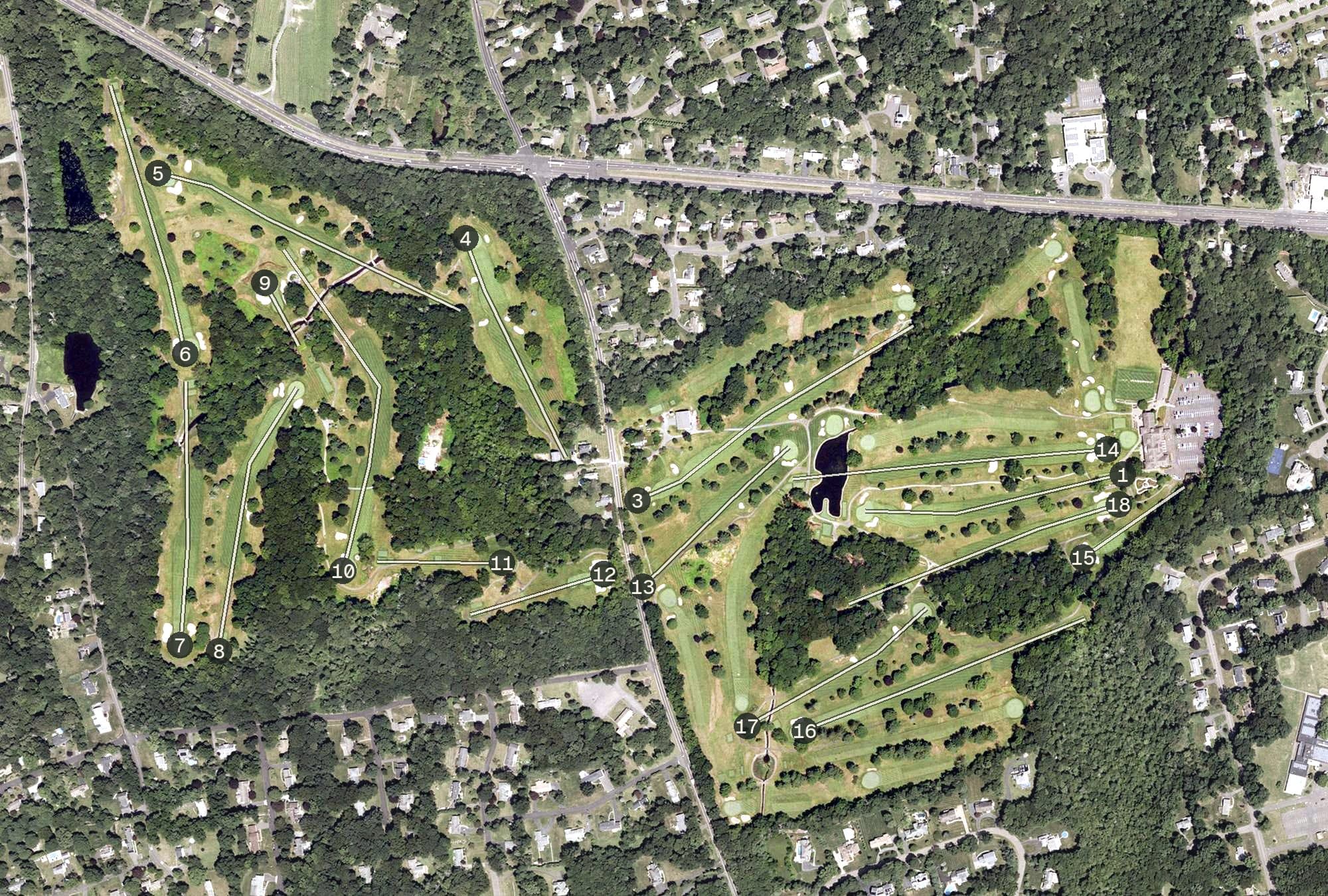 Aerial view of Race Brook Country Club, CT, with its hole routing marked