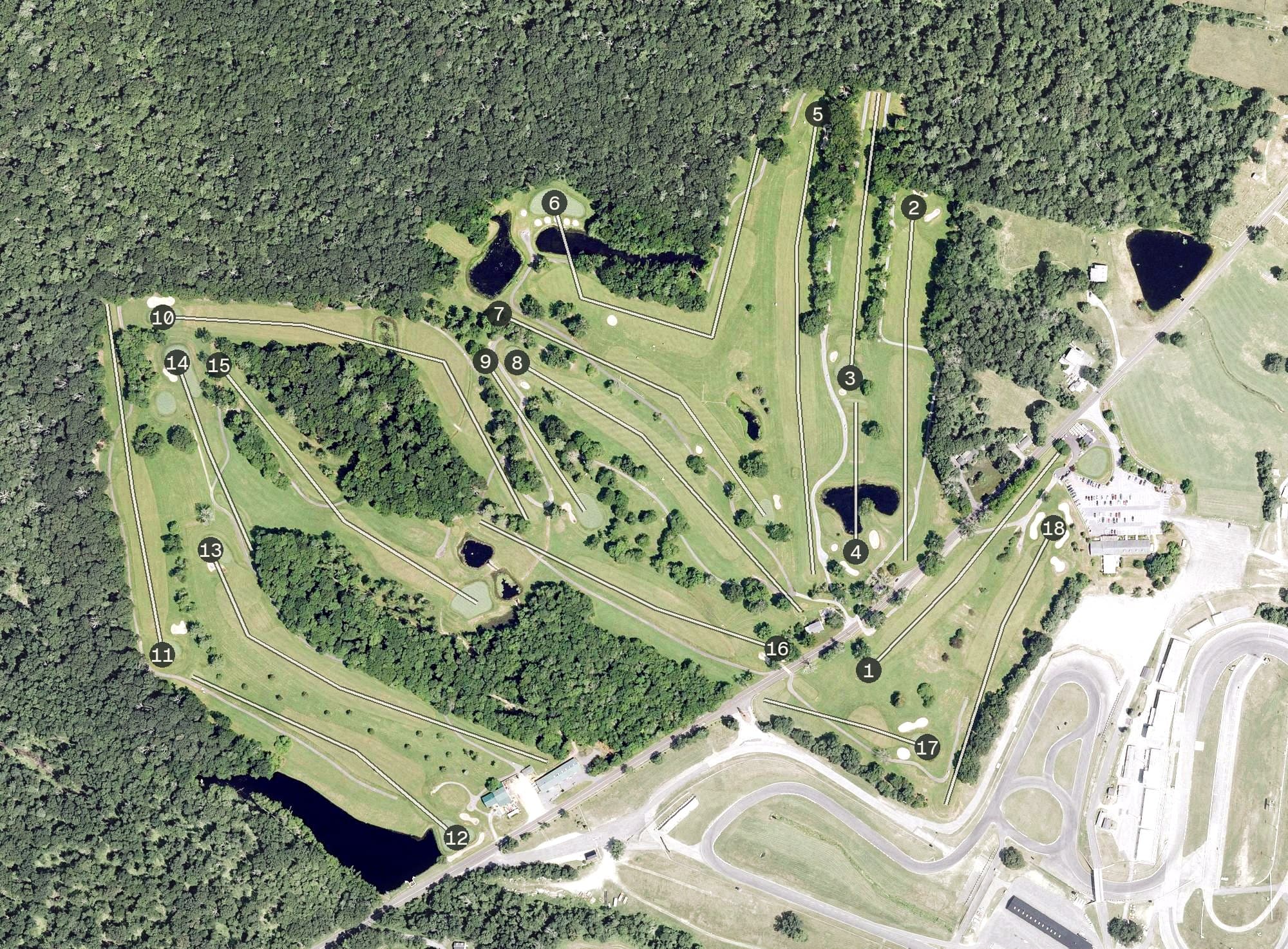 Aerial view of Raceway Golf Club, CT, with its hole routing marked