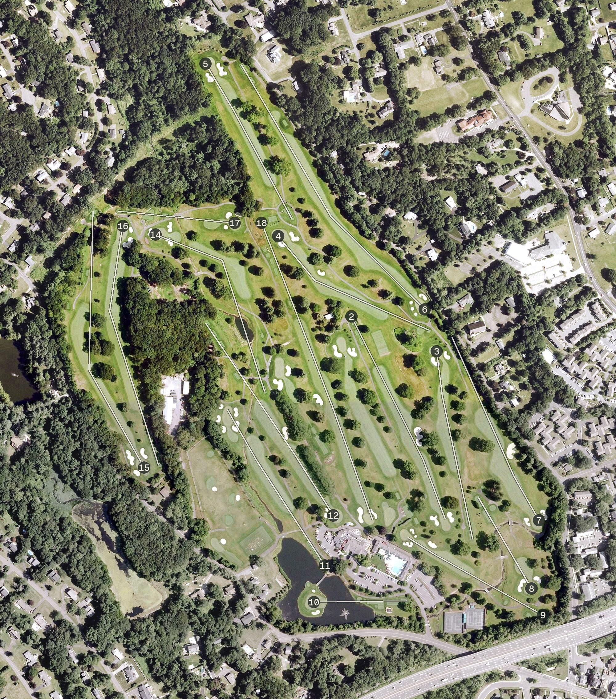 Aerial view of Ridgewood Country Club, CT, with its hole routing marked