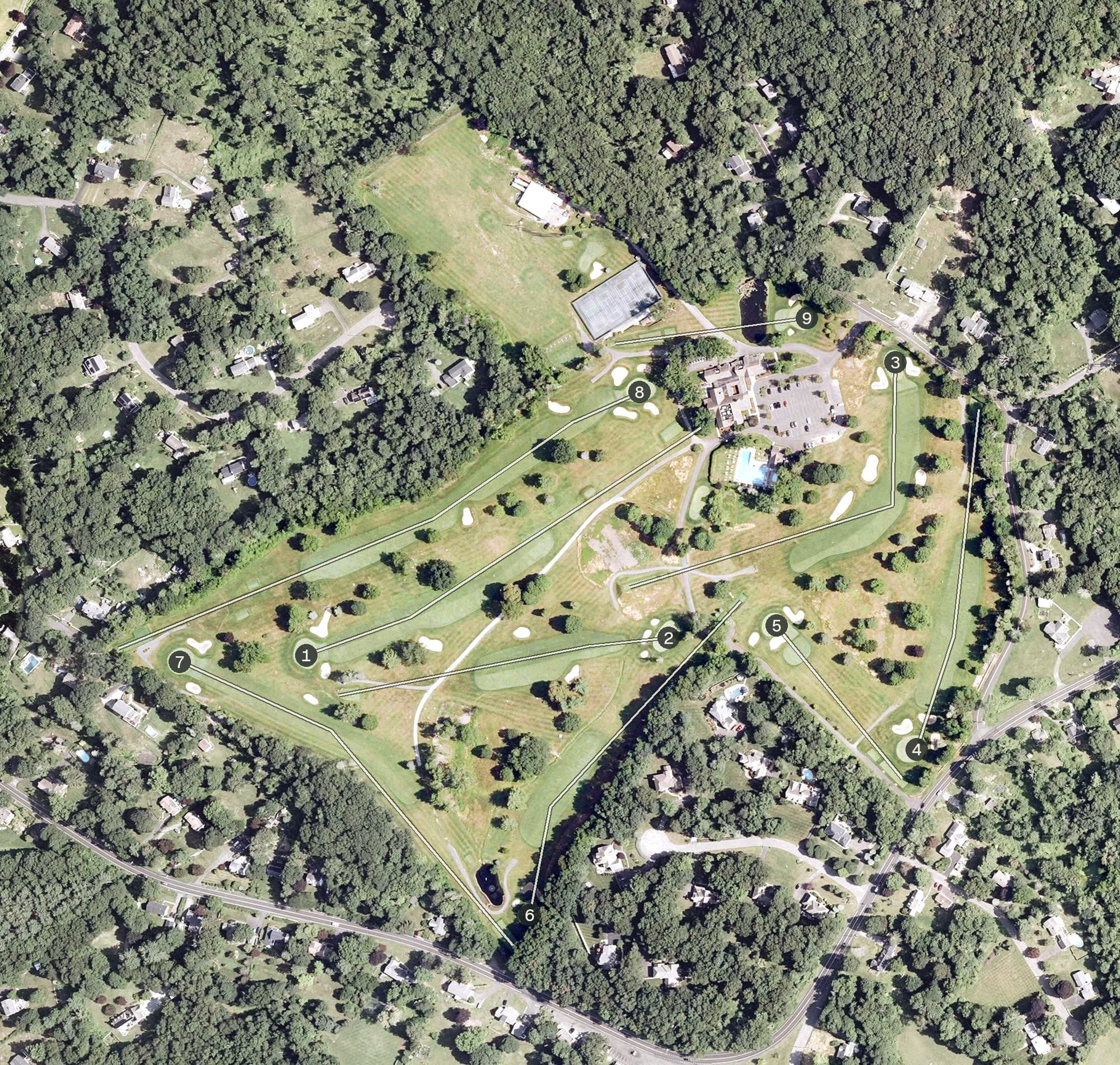 Aerial view of Rock Ridge Country Club, CT, with its hole routing marked