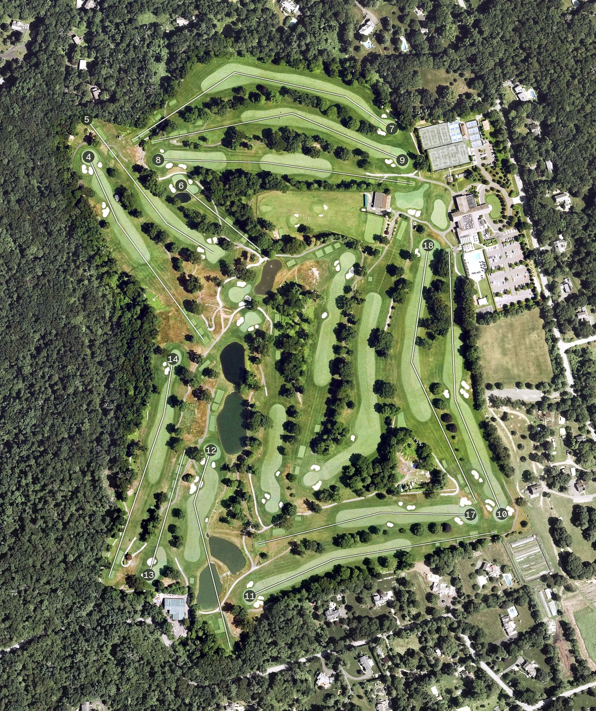 Aerial view of Rolling Hills Country Club, CT, with its hole routing marked