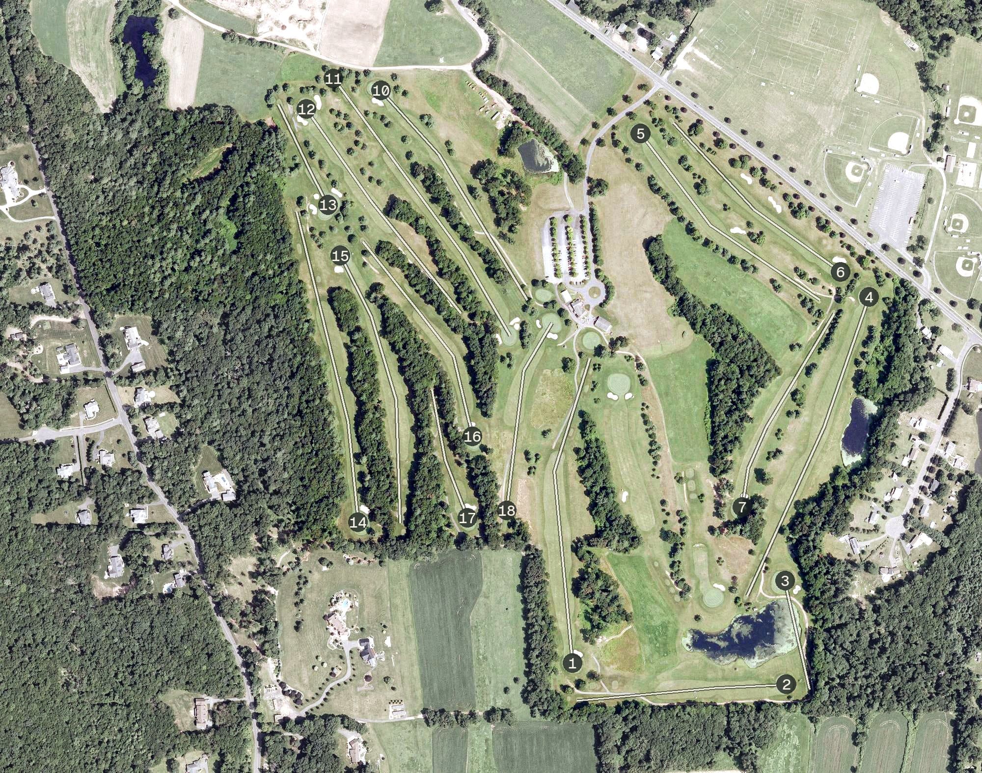Aerial view of Rolling Meadows Country Club, CT, with its hole routing marked